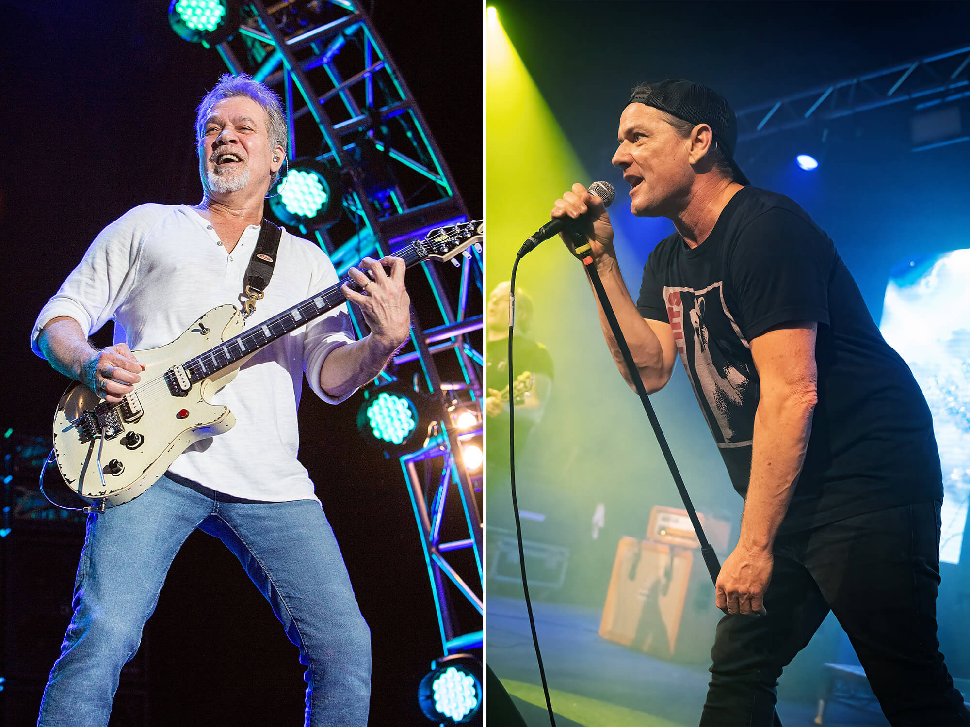 Eddie Van Halen (left) playing guitar and smiling. Whitfield Crane (right) singing into a mic. He is holding the mic stand as he sings, and is wearing a backwards cap.