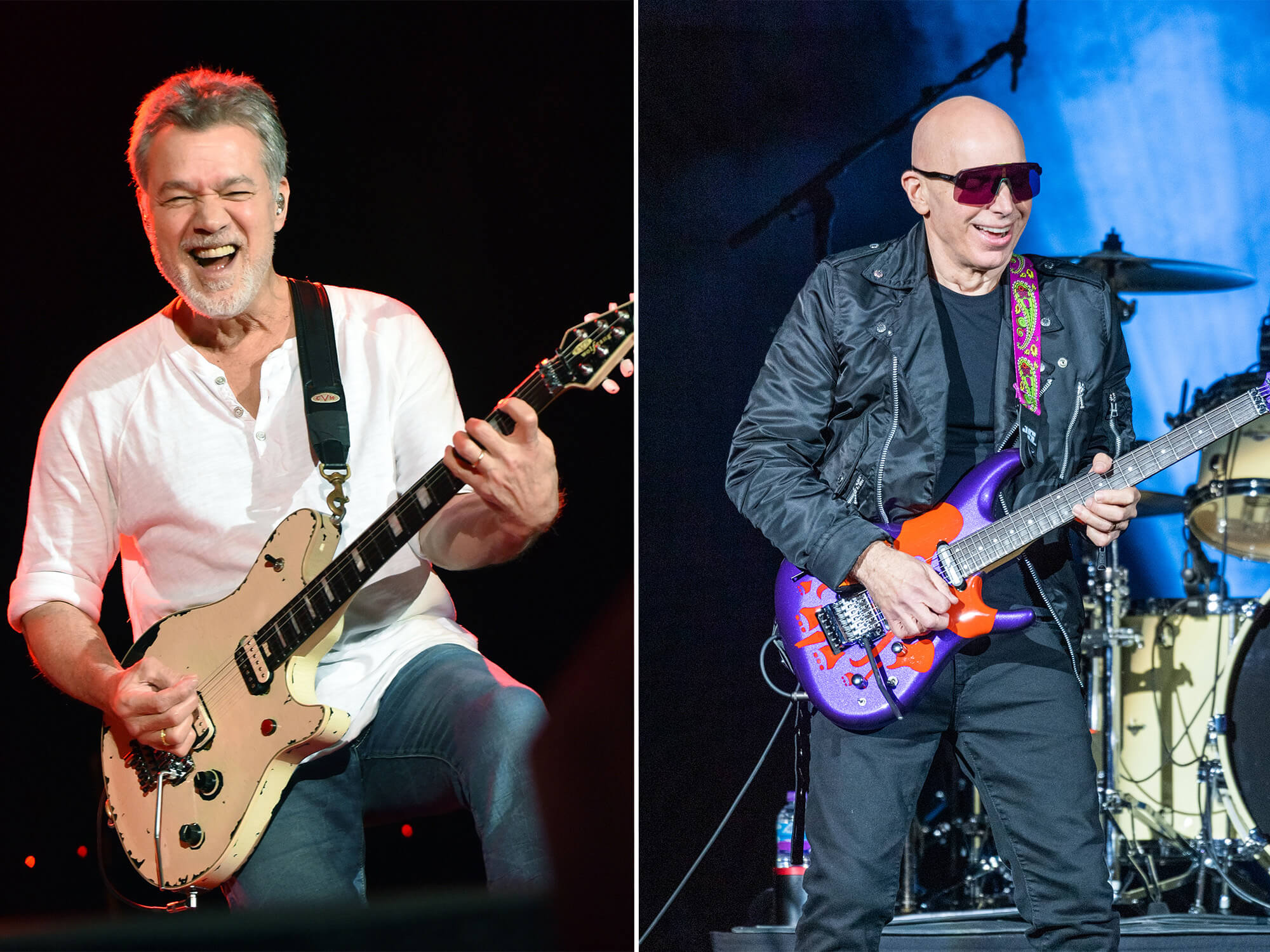 Eddie Van Halen (left) and Joe Satriani (right). Both are playing guitars, with big smiles on their faces.
