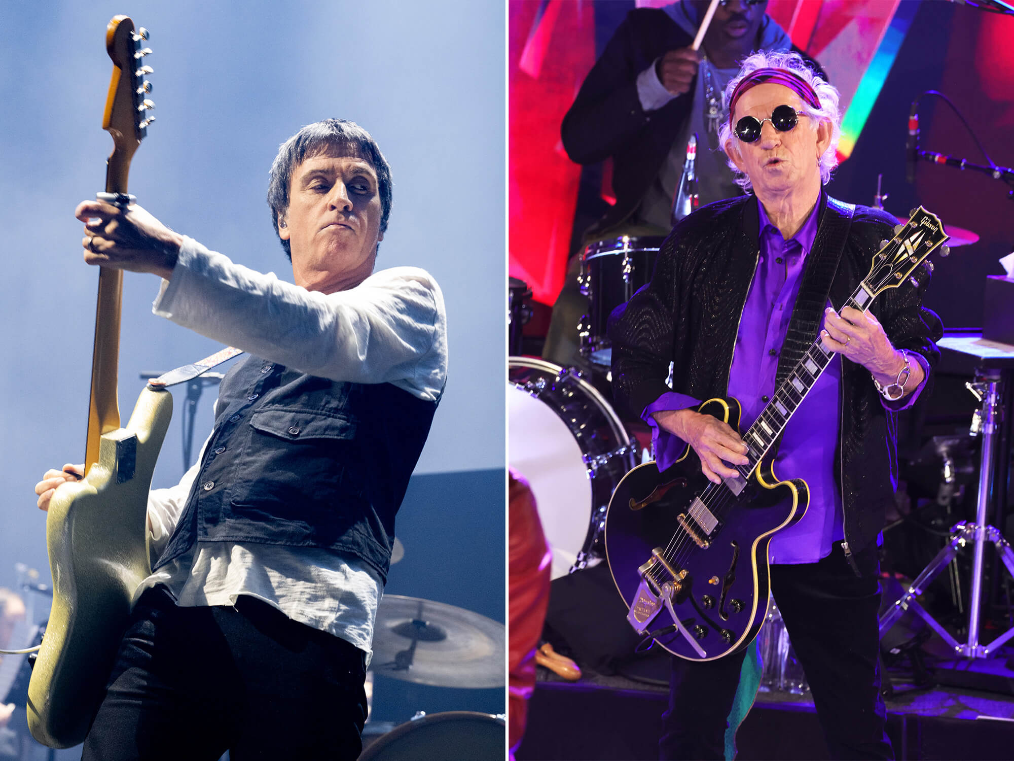 Johnny Marr (left) playing guitar. He is lifting the guitar out to the side and is looking over his shoulder with a stern expression. Keith Richards (right) playing guitar on stage. He is wearing shades and is pouting.