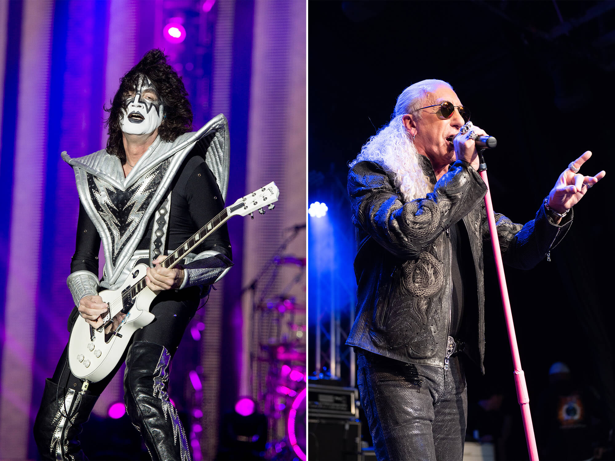 Left - Tommy Thayer of Kiss, with his black and white stage make up on. He is playing a white Gibson Les Paul. Right - Dee Snider on stage singing into a mic. He has white hair and is wearing sunglasses