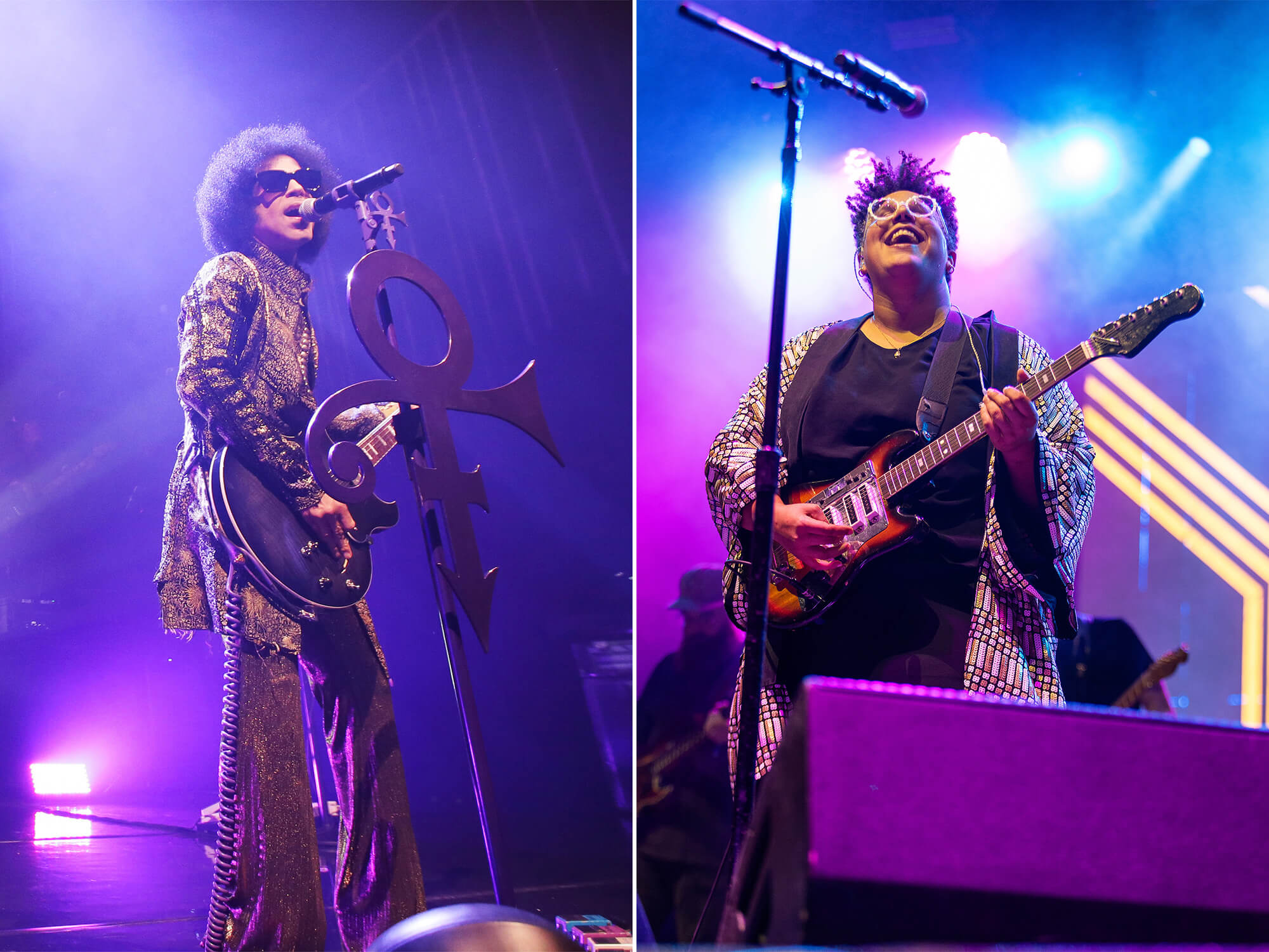 Prince (left) playing guitar and singing into a mic. He is wearing shades and the stage is lit up purple. Brittany Howard (right) on stage. She is smiling widely and is playing guitar, the stage she is on is also lit up by purple lighting.
