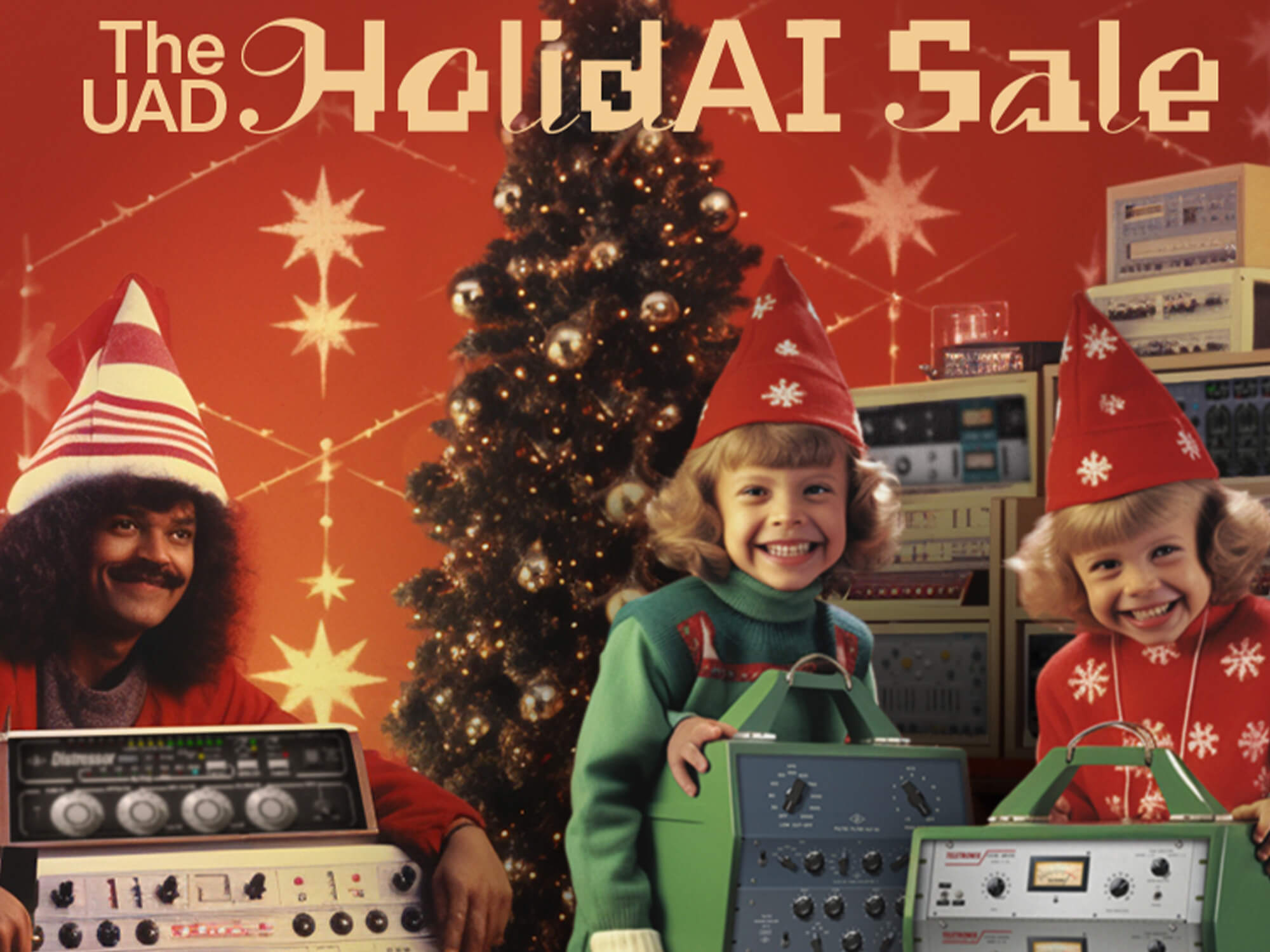 AI-generated image of a young man and two young children holding music equipment in front of a Christmas tree.