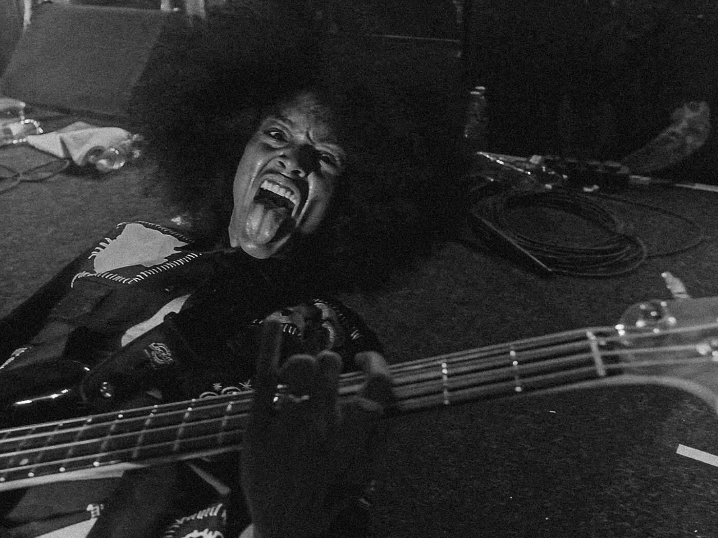 Black and white photo of April Kae of Fever 333 performing live, photo by Felix Dickinson of Studio AAA
