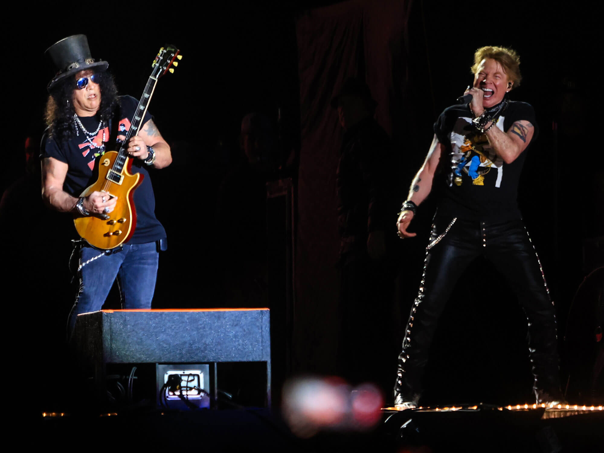 [L-R] Slash and Axl Rose of Guns N' Roses performing live