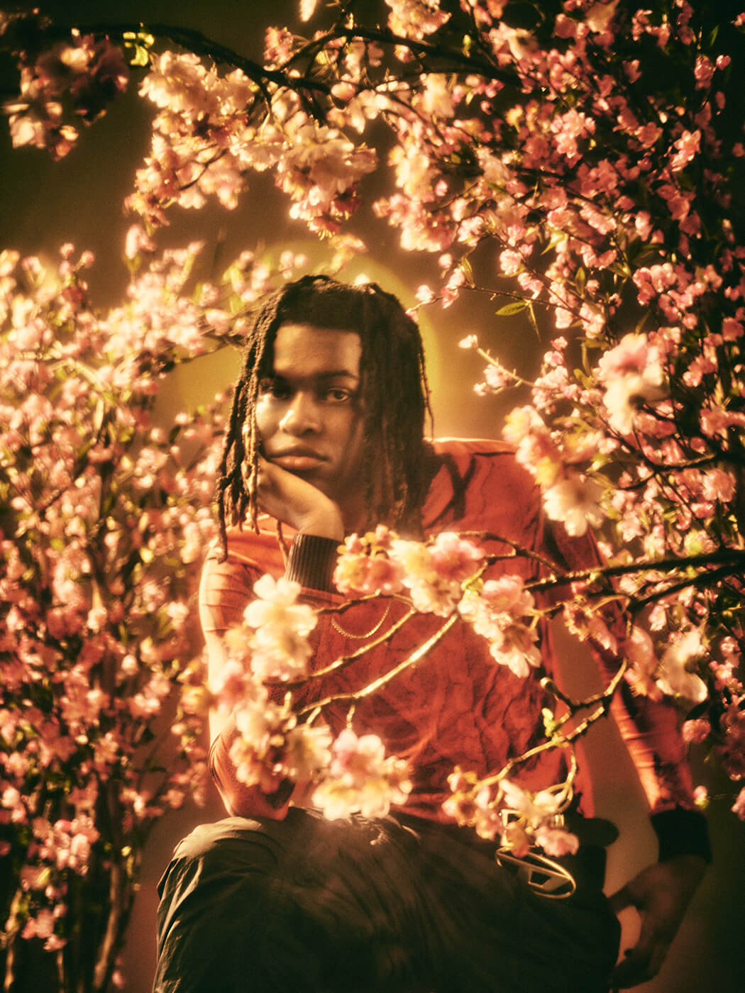 Jordan Adetunji surrounded by cherry blossoms and orange hues, photo by Frank Fieber