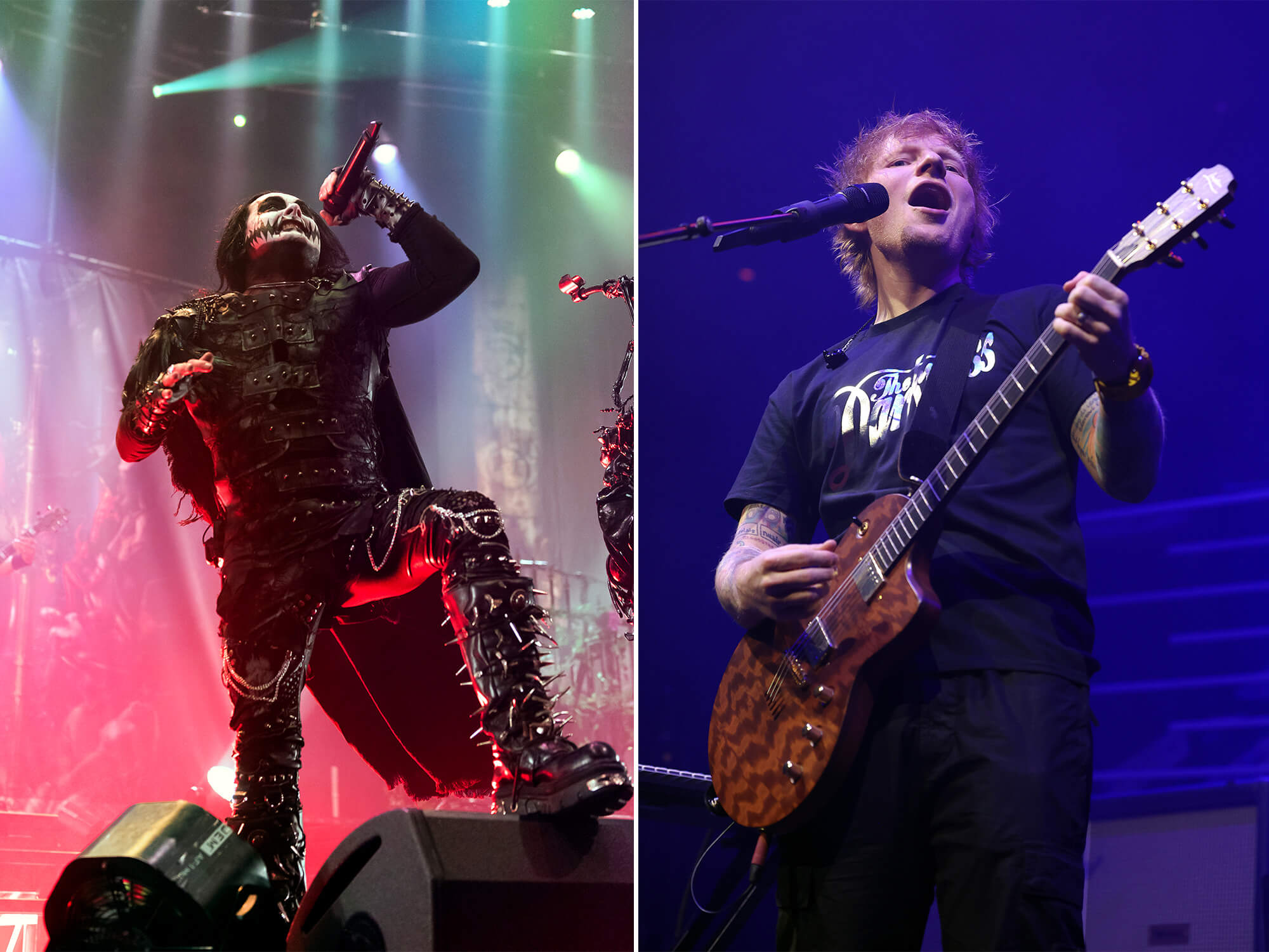 Dani Filth (left) on stage wearing an all-black stage outfit. He is singing into a mic and wears black and white face paint. Ed Sheeran (right) on stage playing guitar. He is wearing a t-shirt and has red hair.