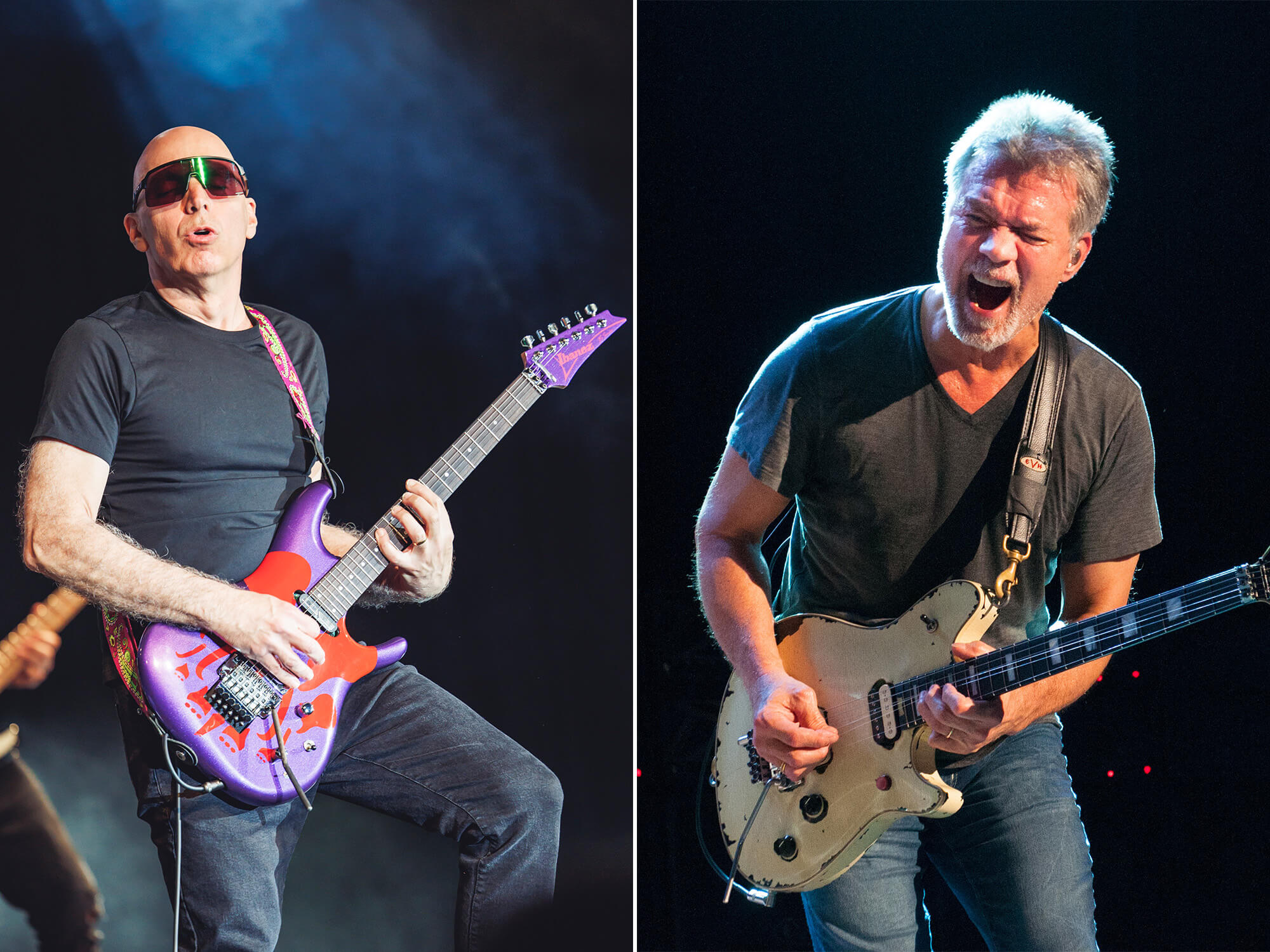 Joe Satriani (left) and Eddie Van Halen (right). Both have their guitars in hand and appear to be mouthing along to the sound of their instrument