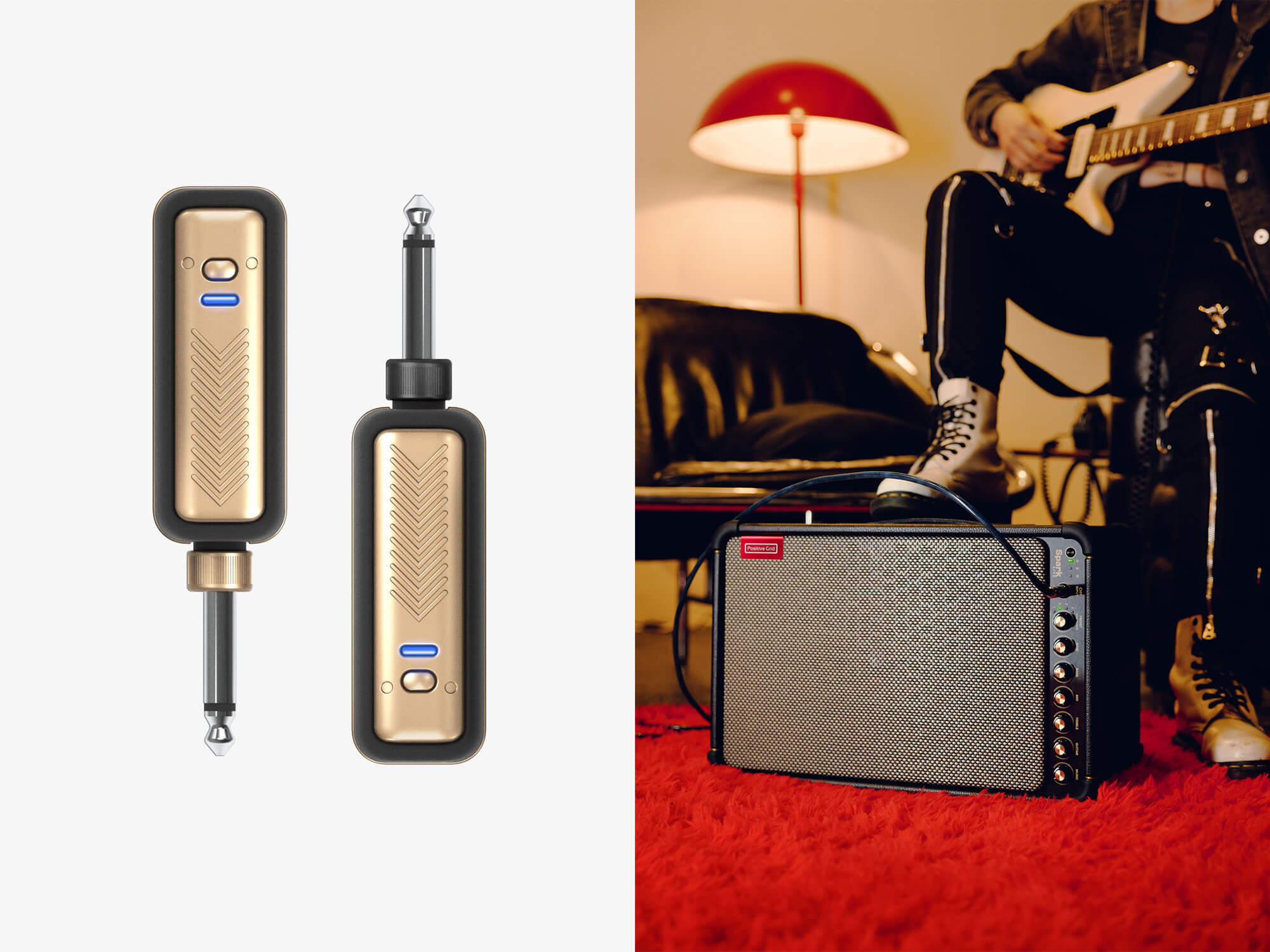 Positive Grid's Spark LINK, which shows two gold coloured devices with plugs attached (left). Spark LIVE (right) which is a compact amp. A guitarist is plugged into it and is resting their foot on it as they play.