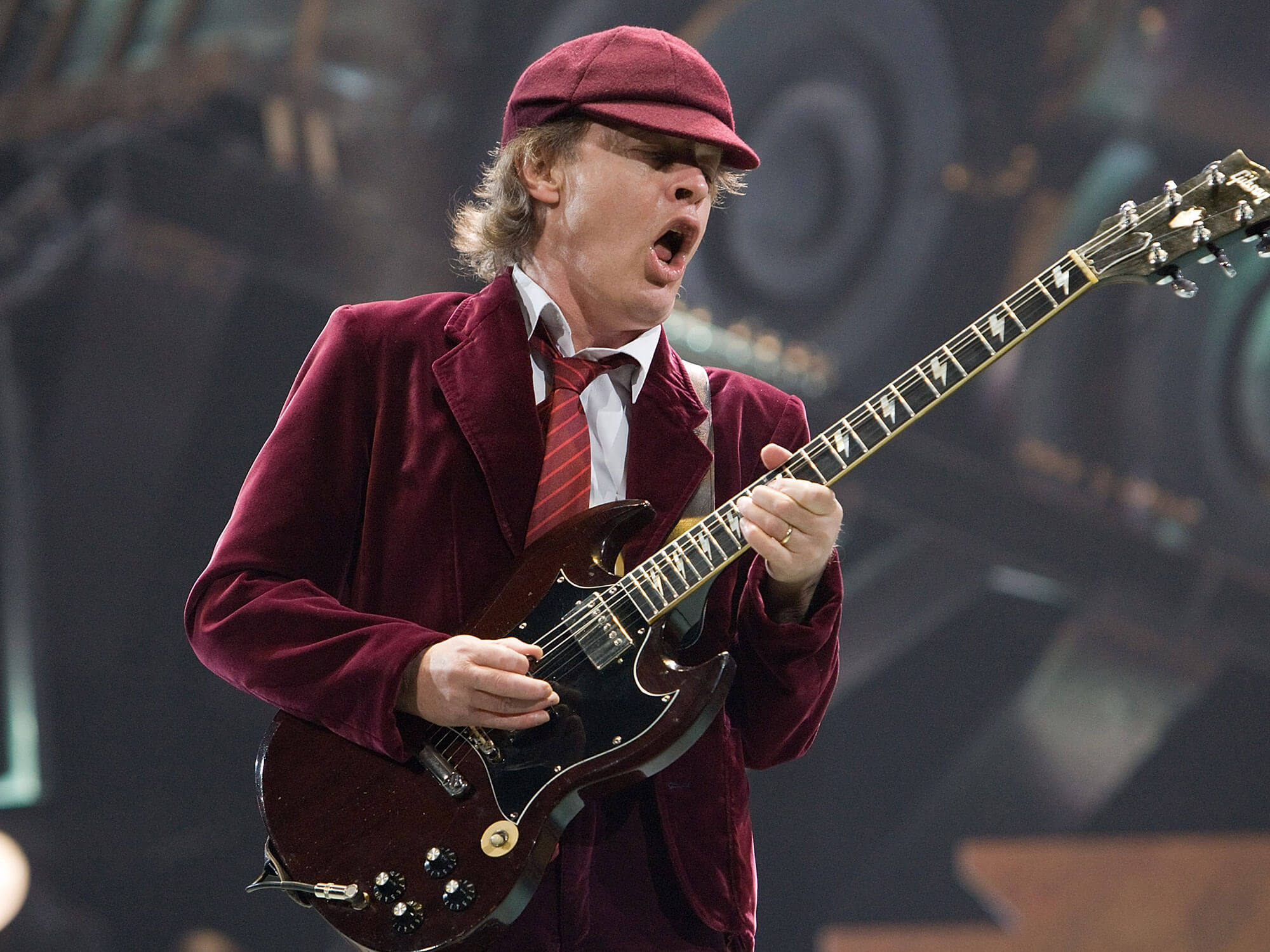 Angus Young of AC/DC performs onstage