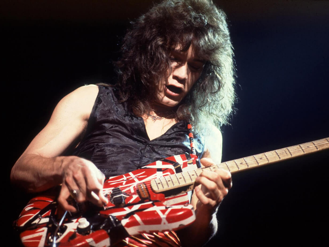 Eddie Van Halen performing in 1979 with his custom Kramer, photo by Paul Natkin/Getty Images