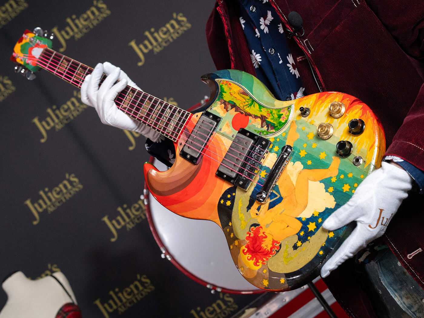 Eric Clapton’s Fool guitar at the media preview for Julien’s “Played, worn, torn rock ‘n’ roll iconic guitars and memorabilia” in 2023, photo by Valerie Macon/AFP via Getty Images