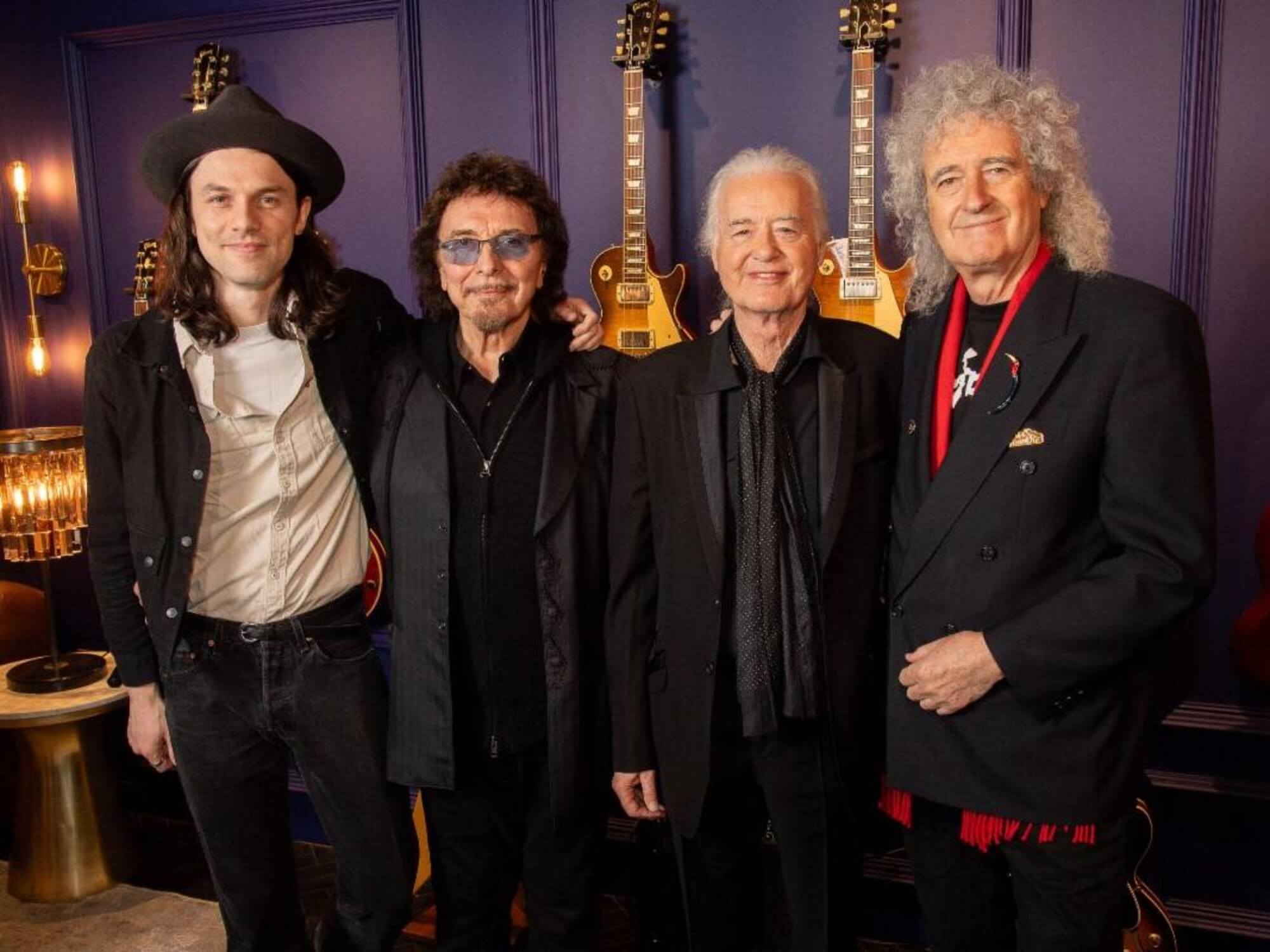 James Bay, Tony Iommi, Jimmy Page, and Sir Brian May at the Gibson Garage London kickoff event on February 22, 2024.
