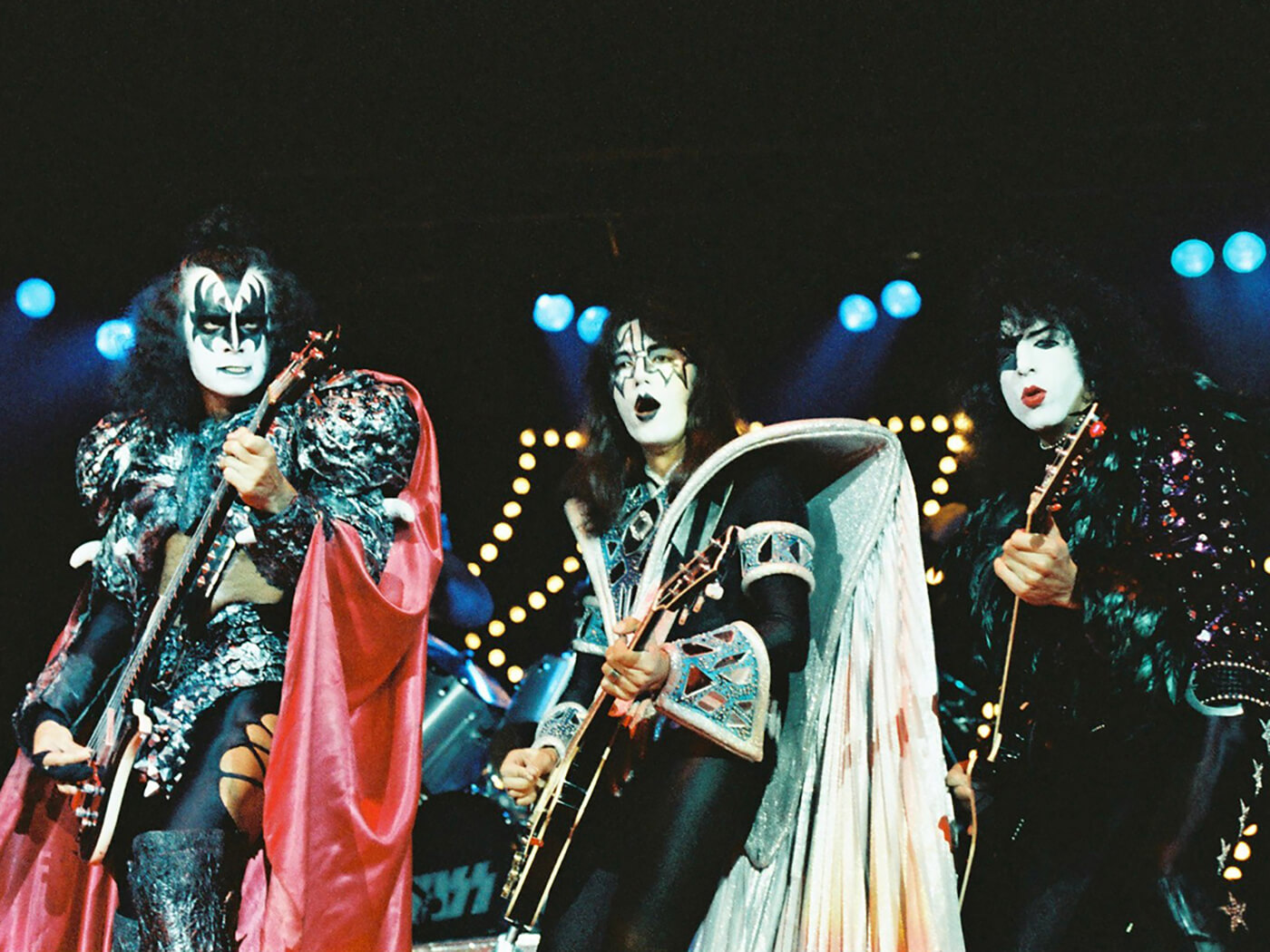 Gene Simmons, Ace Frehley and Paul Stanley of KISS performing in 1980, photo by Pete Still/Redferns via Getty Images