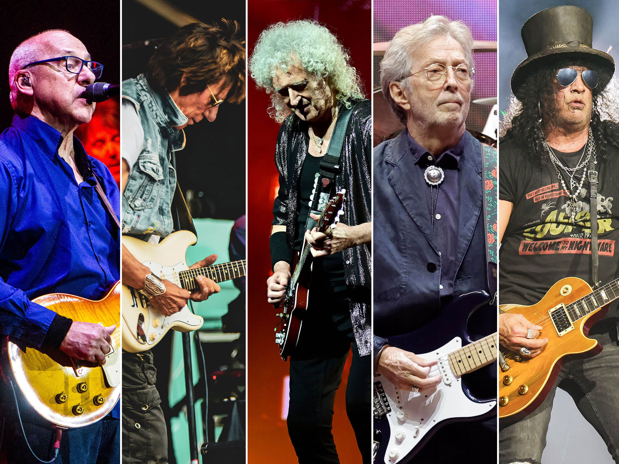 [L-R] Mark Knopfler, Jeff Beck, Brian May, Eric Clapton and Slash