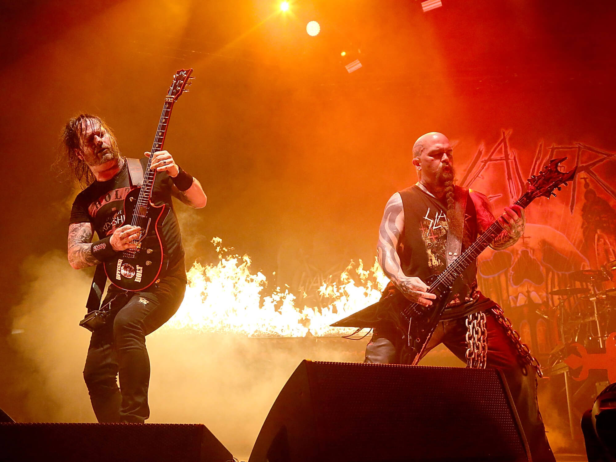 Slayer members Gary Holt and Kerry King performing