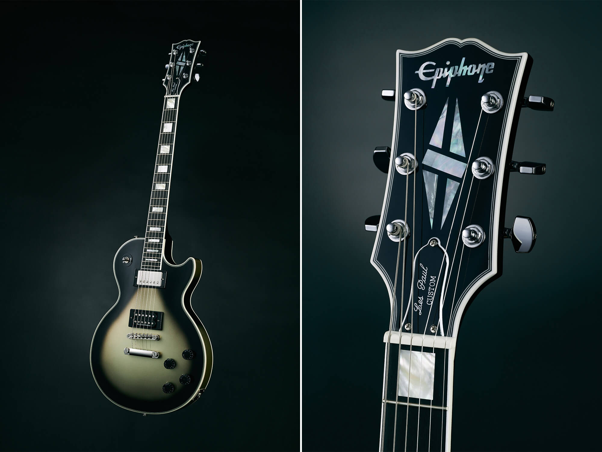Two photos of the Epiphone Adam Jones Les Paul. One shows the guitar at full, the other is a close up of the Gibson-style open book headstock. The guitar is black at the edges fading into silver.