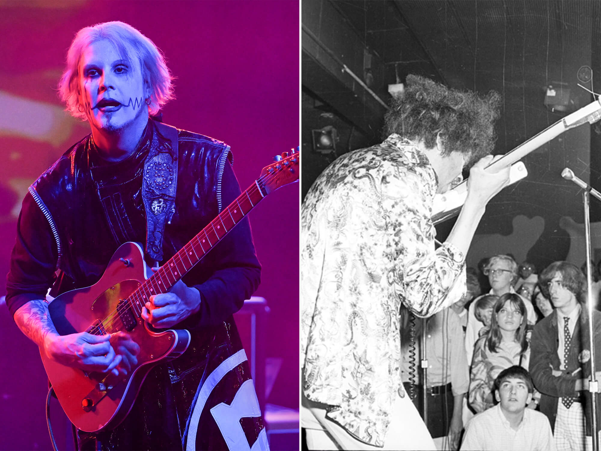 John 5 (left) playing his Tele on stage. Jimi Hendrix (right) photographed in black and white playing guitar with his teeth.