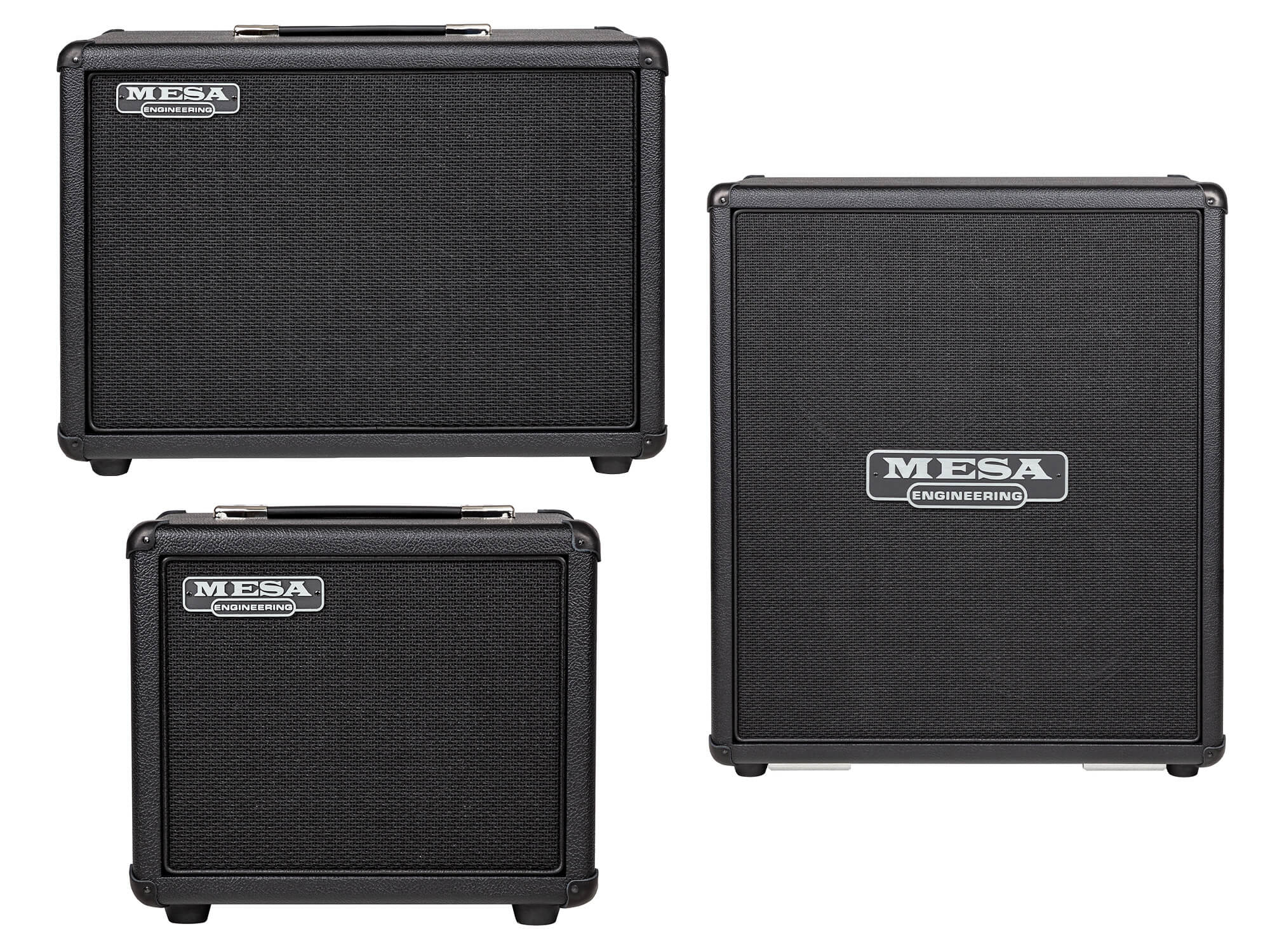 Mesa Boogie Rectifier cabinets, in all three sizes. They are all black and have the Mesa logo written in white on the front.