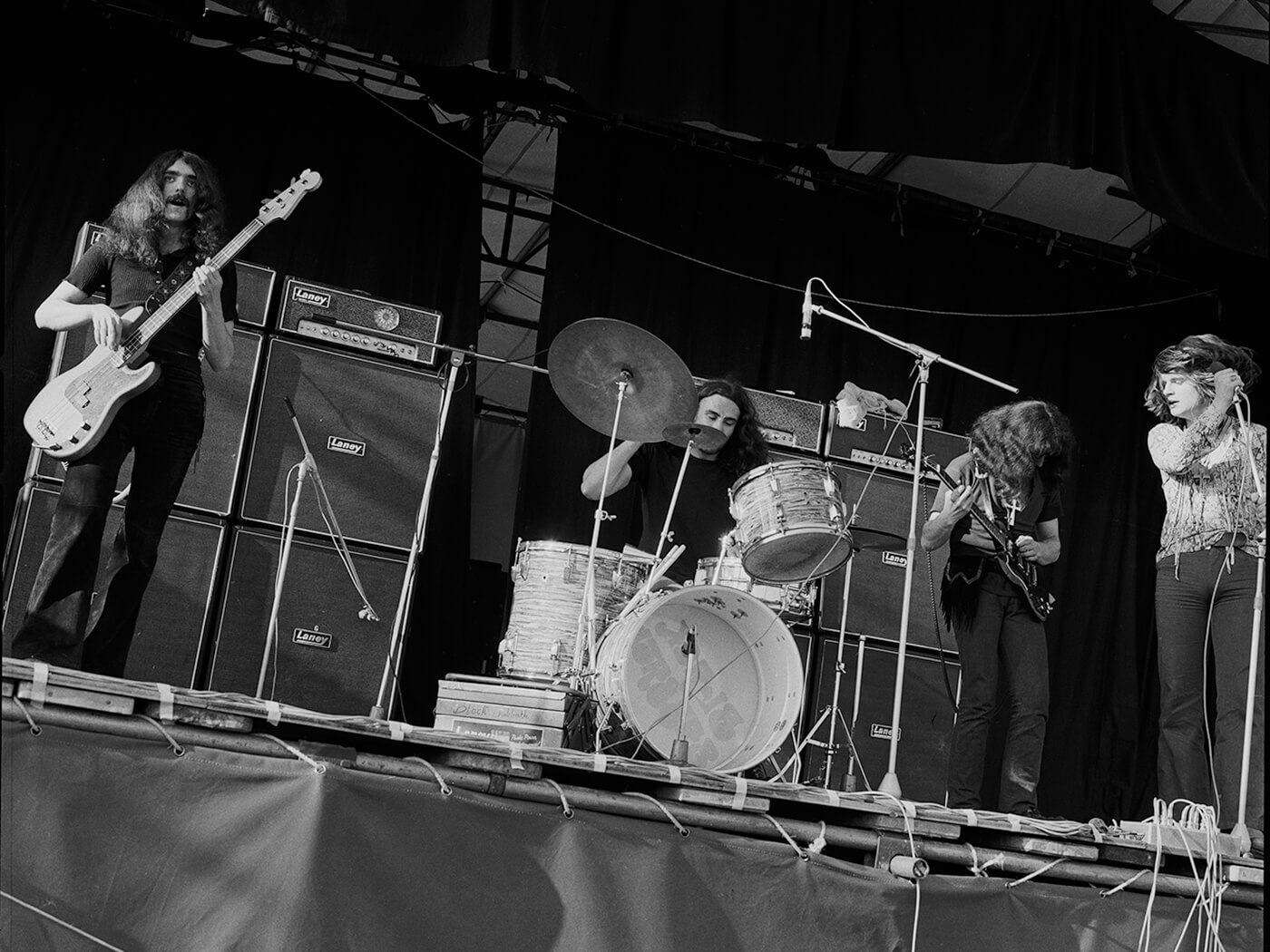 Black Sabbath performing at Plumpton festival in 1970. Laney amplifiers are used, photo by Michael Putland/Getty Images