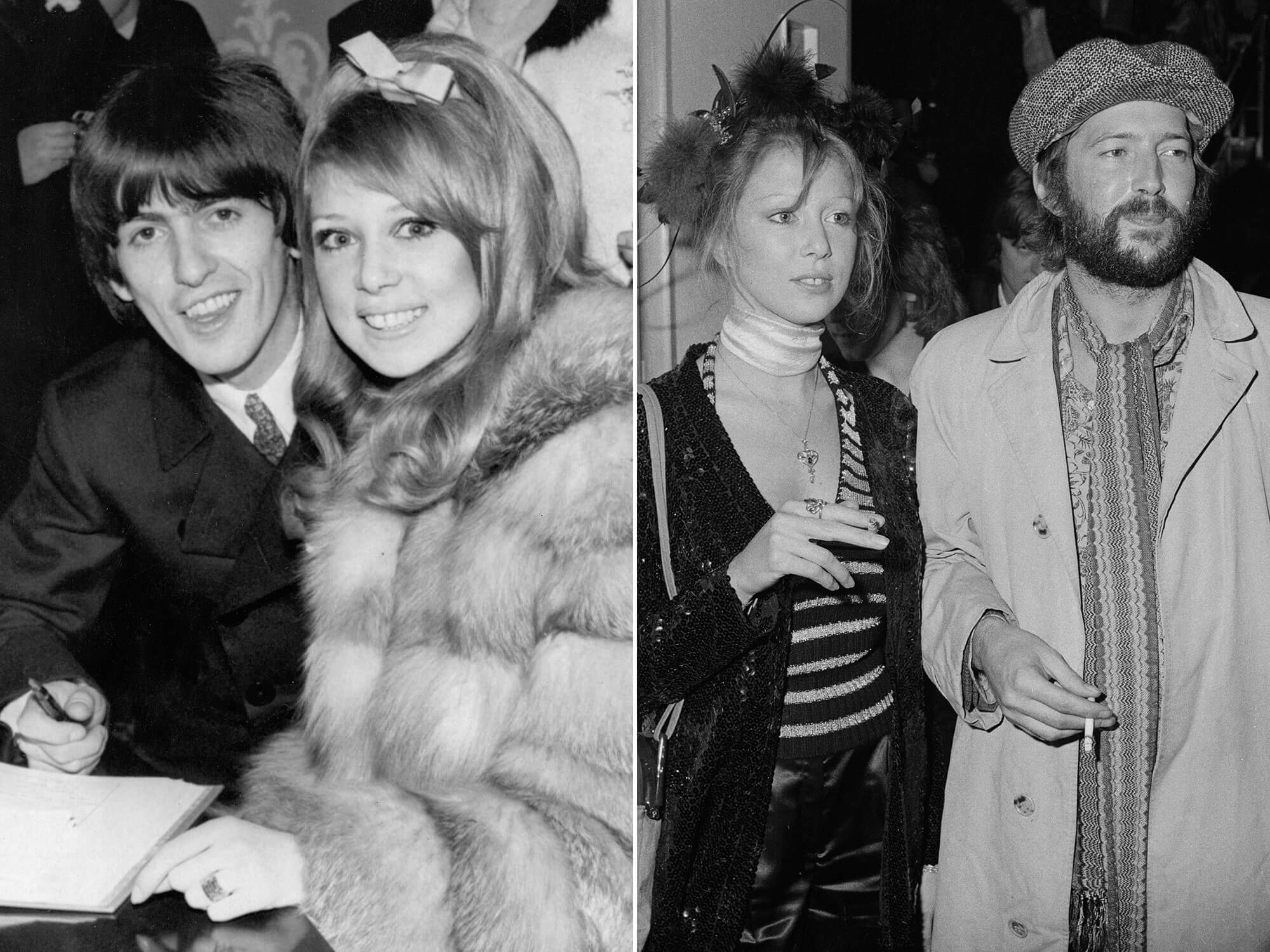 [L-R] George Harrison with Pattie Boyd, and Eric Clapton with Pattie Boyd
