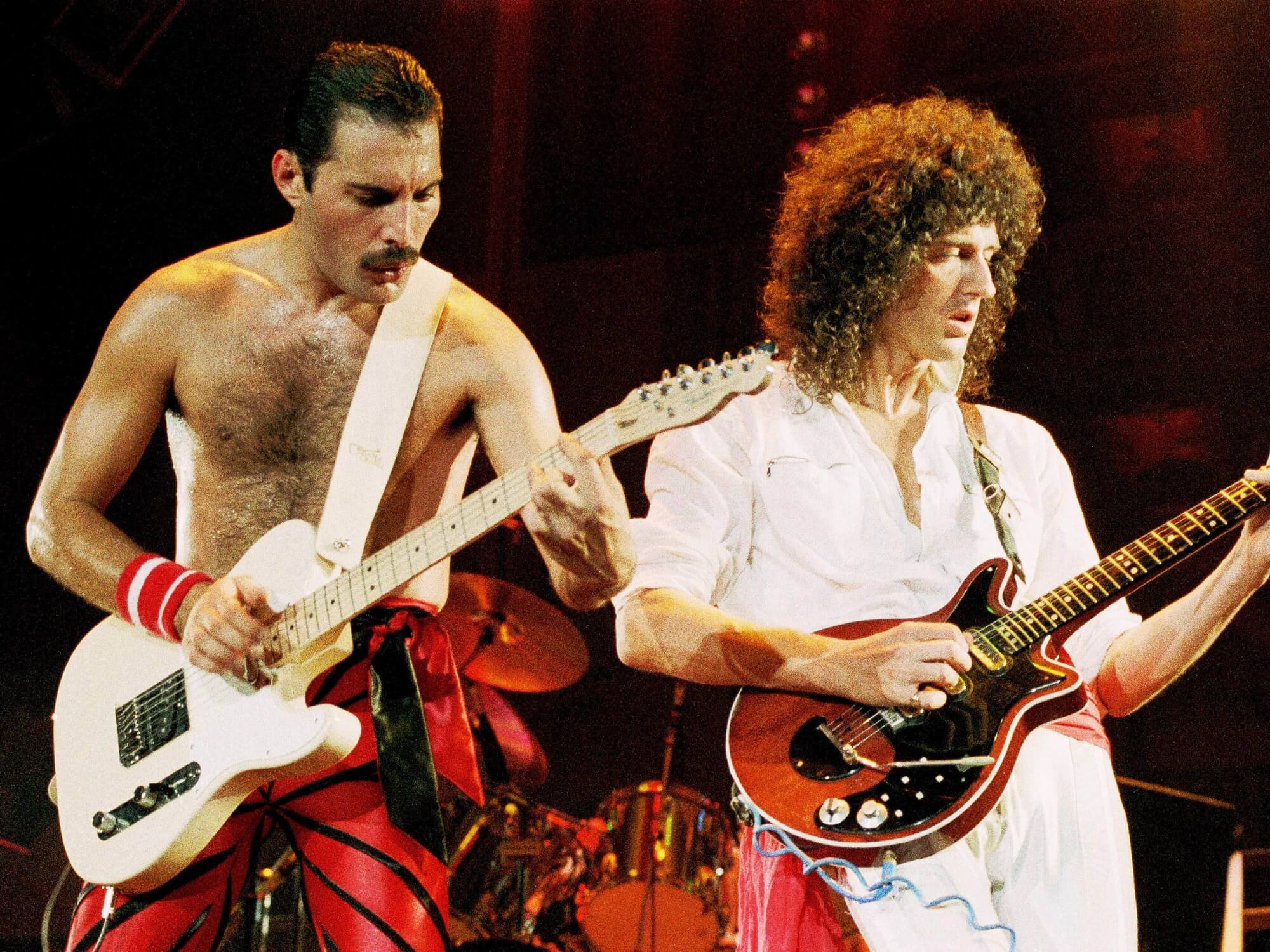 Queen's Freddie Mercury and Brian May performing on stage
