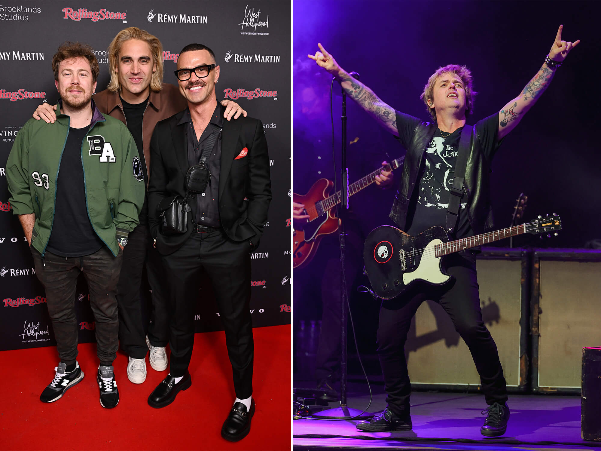 James, Charlie and Matt of Busted standing together smiling on a red carpet (left). Billie Joe Armstrong of Green Day playing guitar on stage. He has both arms up in the air (right).