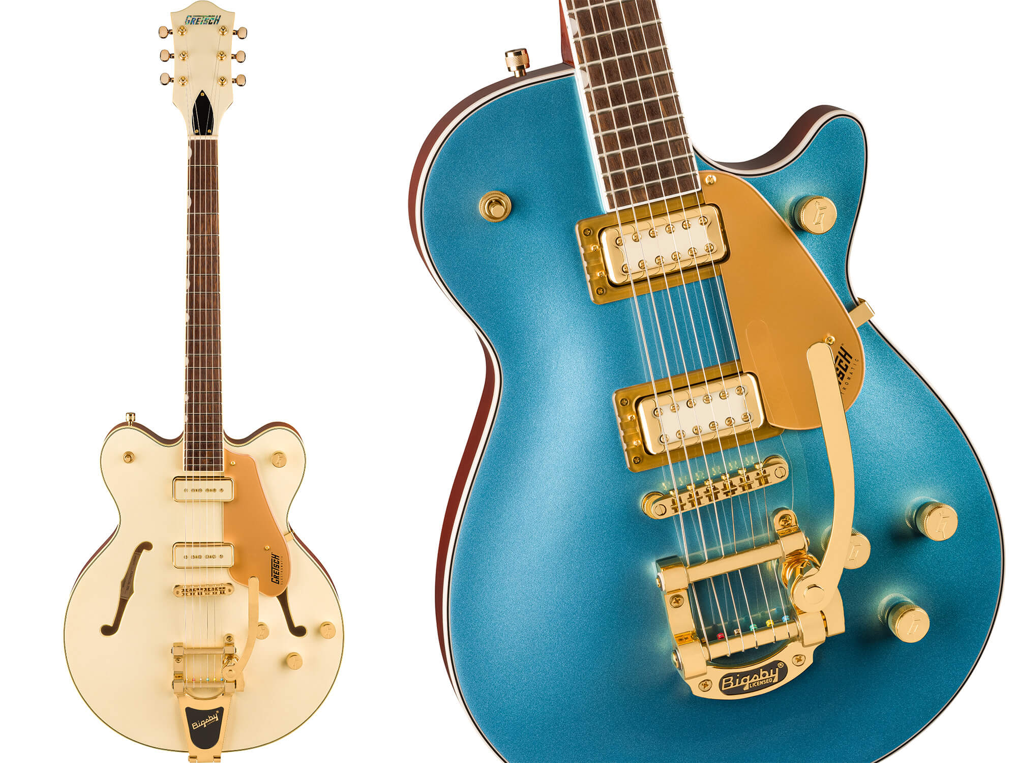 Gretsch Electromatic pristine models. The double-cut White Gold edition (left) and a close up of the Mako single-cut Jet (right).