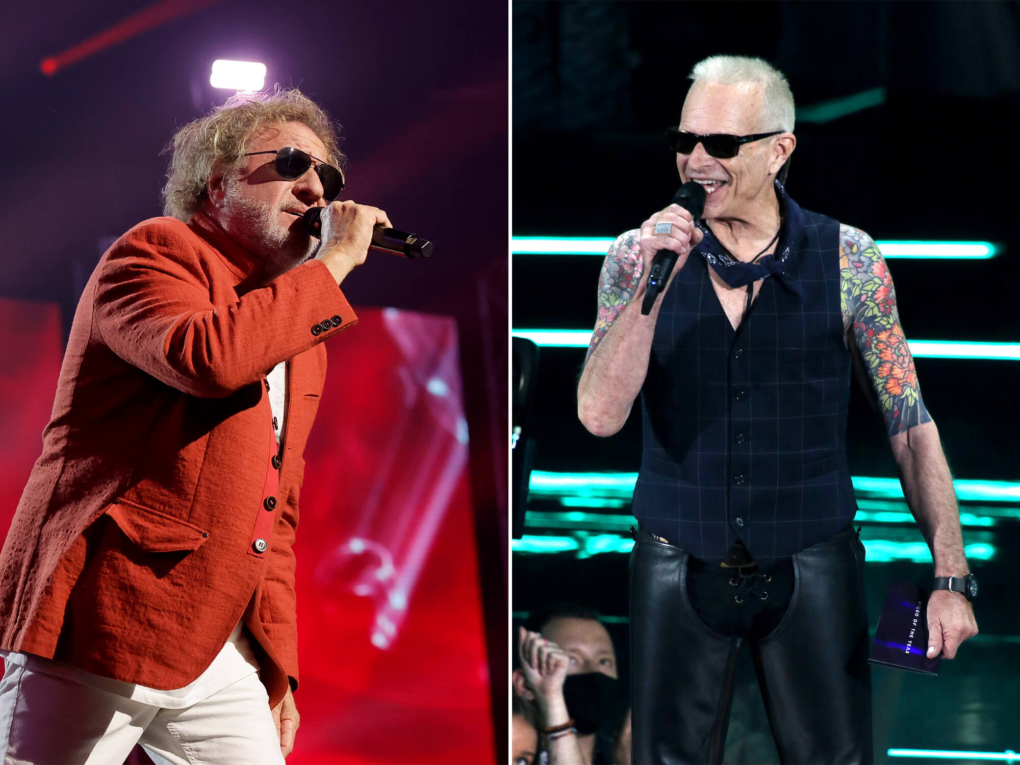 Sammy Hagar and David Lee Roth. Both are on stage and have microphones in hand.