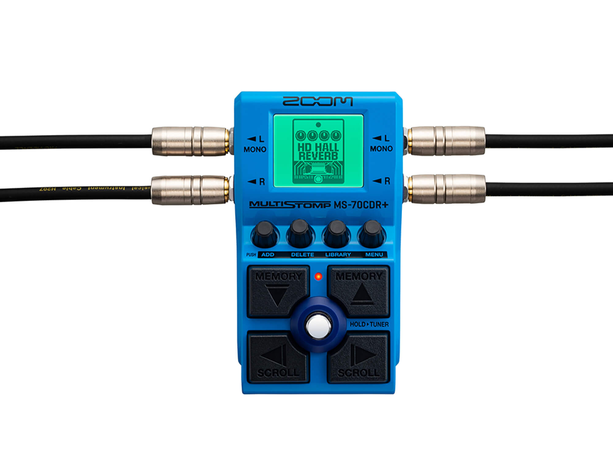 The Zoom MS-70CDR+. It is a blue, small pedal with four large buttons for memory and scroll, with the pedal switch situated in the middle. It also hosts a coloured screen.