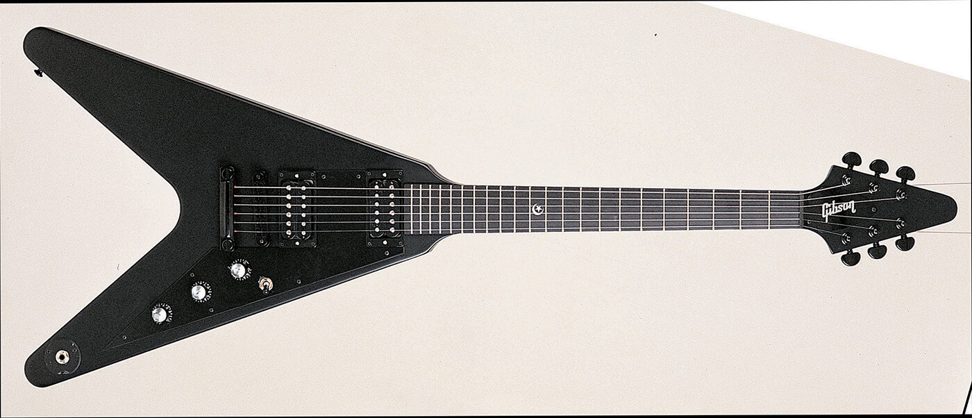 A 1999 Gibson Flying V Gothic guitar, photo by Nigel Osbourne/Redferns via Getty Images