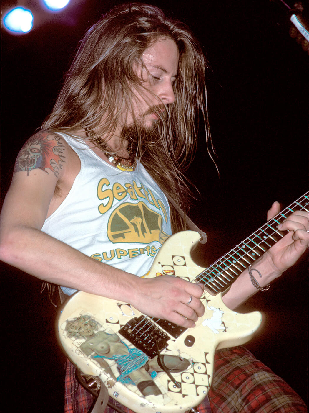 Jerry Cantrell performing with his “Blue Dress” G&L Rampage guitar in 1991, photo by John Atashian via Getty Images