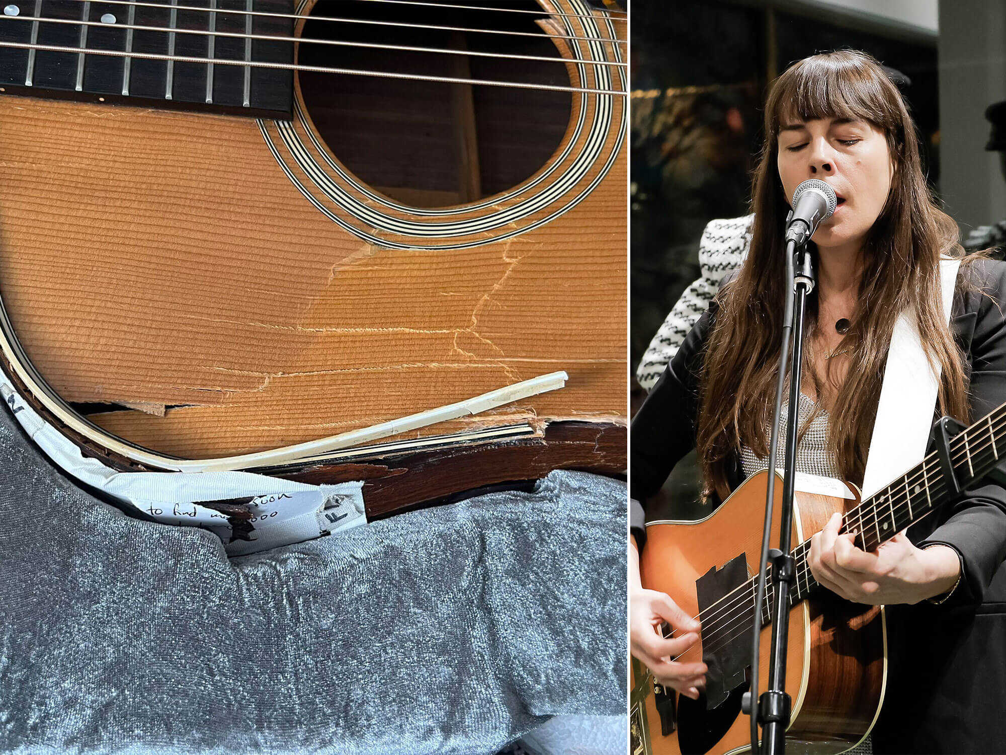 [L] Picture of Madi Diaz's destroyed Martin guitar, and [R] Madi Diaz playing the same guitar onstage