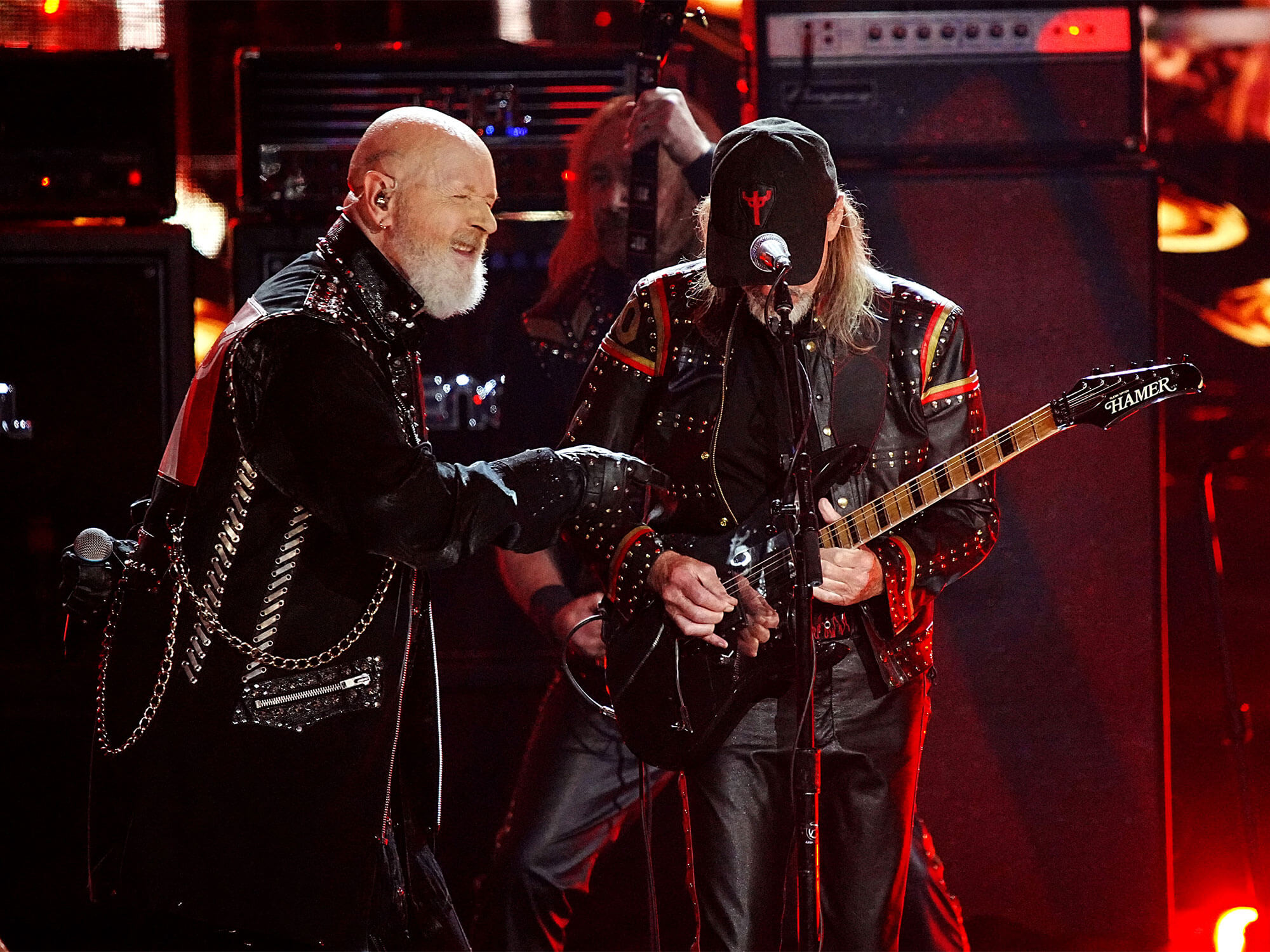 [L-R] Rob Halford and Glenn Tipton performing with Judas Priest