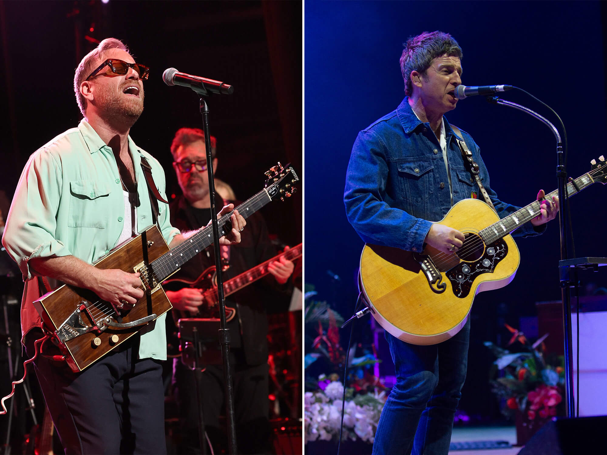 Dan Auerbach (left) and Noel Gallagher (right). Both are photographed on stage. Dan is playing an electric guitar, and Noel is playing a Gibson acoustic.