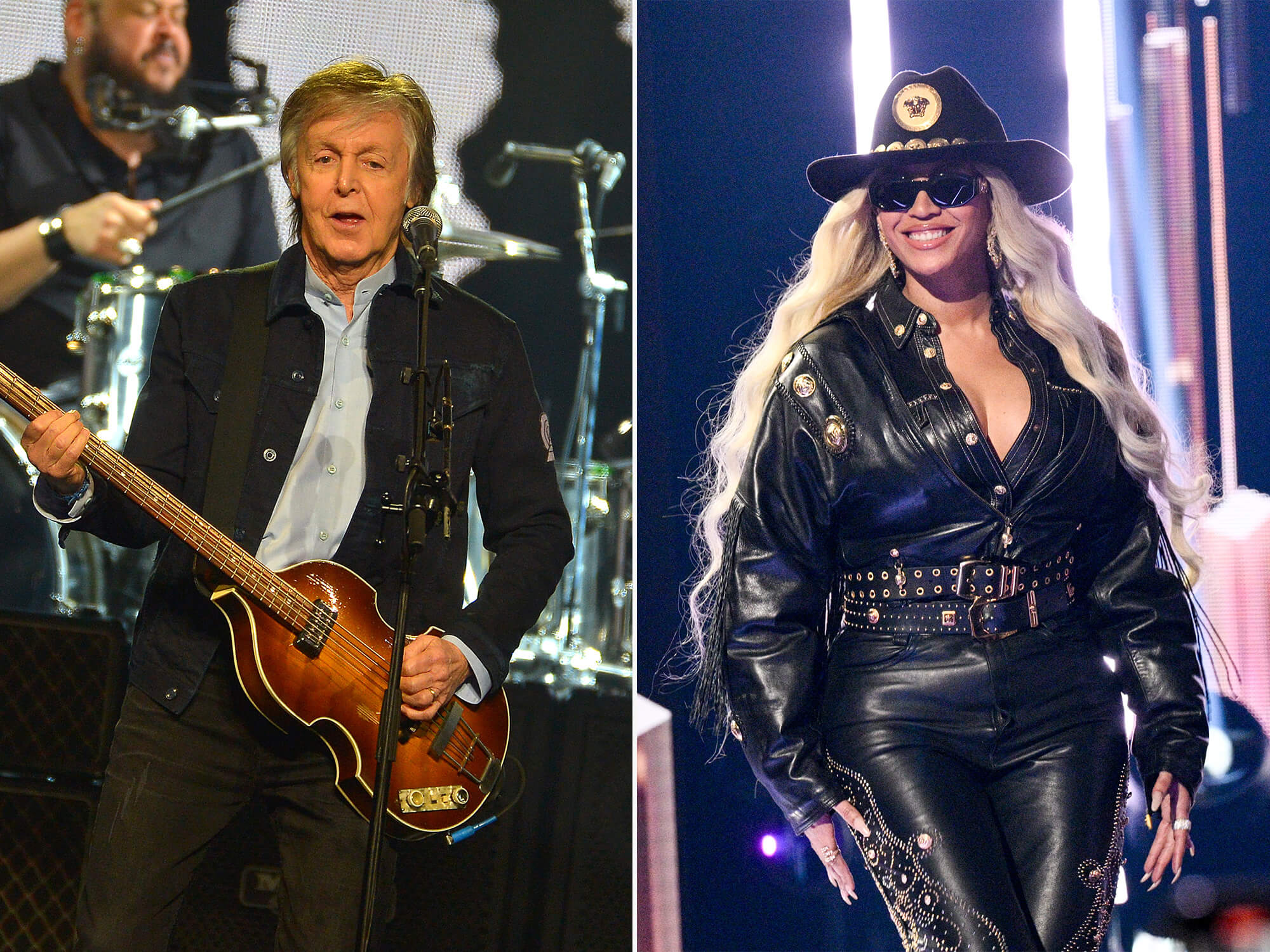 Paul McCartney (left) playing bass. Beyonce (right) in cowboy-inspired clothing at an awards show.