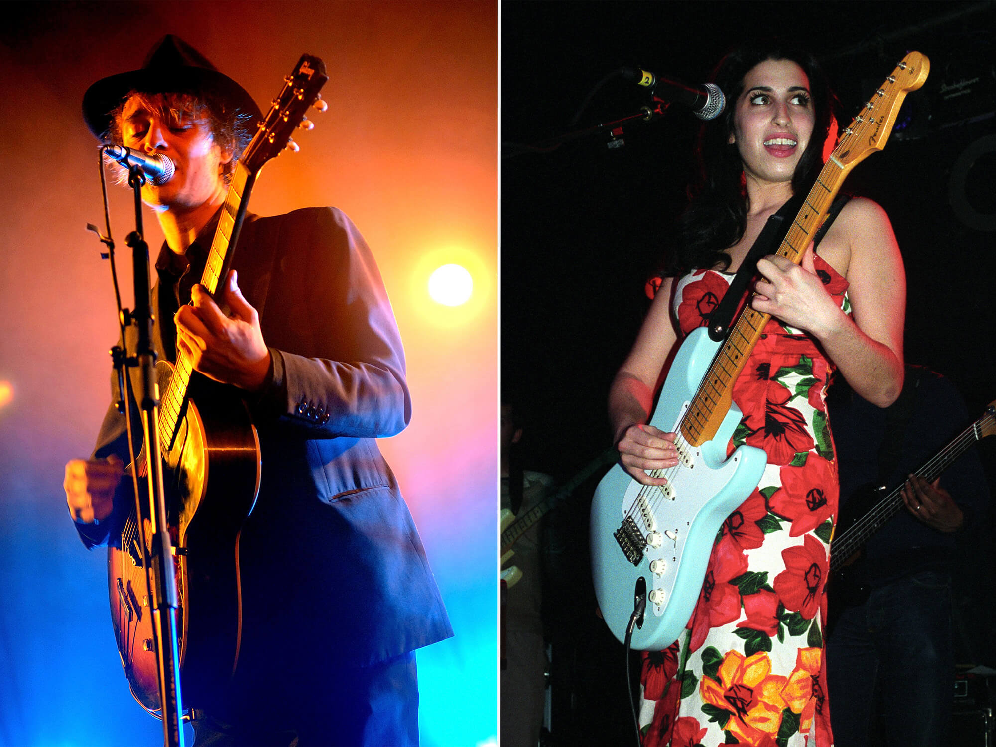 Pete Doherty (left) on stage playing acoustic guitar. Amy Winehouse (right) playing a Strat.