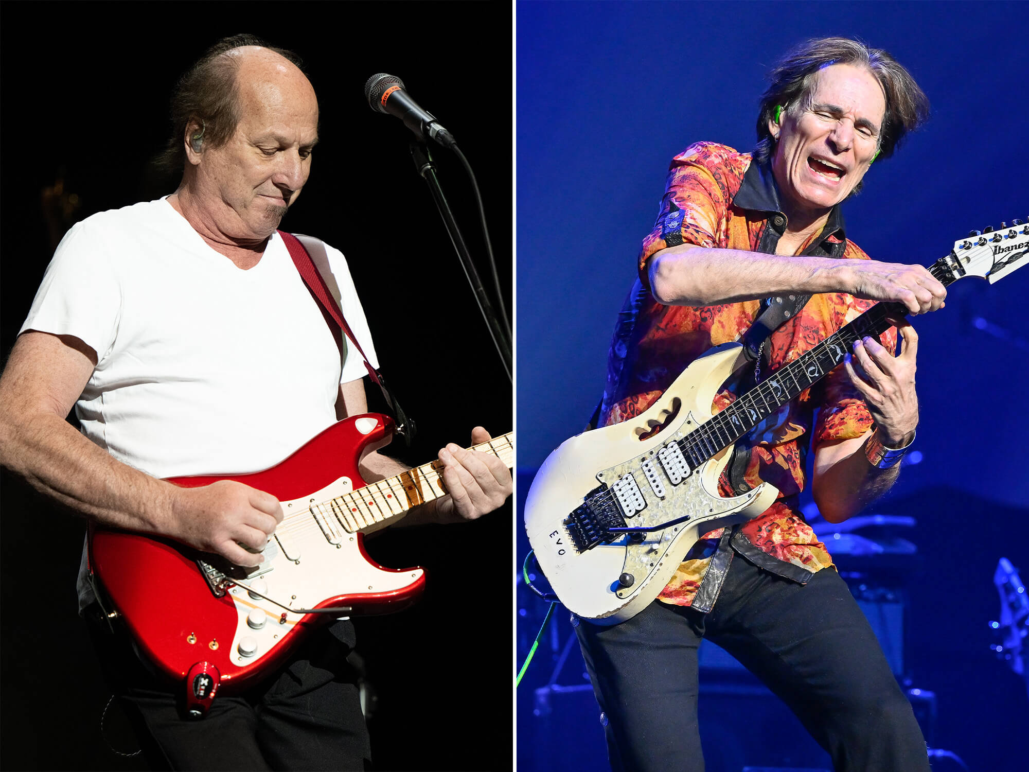 Adrian Belew playing a red Strat (left) and Steve Vai pictured playing an Ibanez, with both hands high up on the fretboard (right).