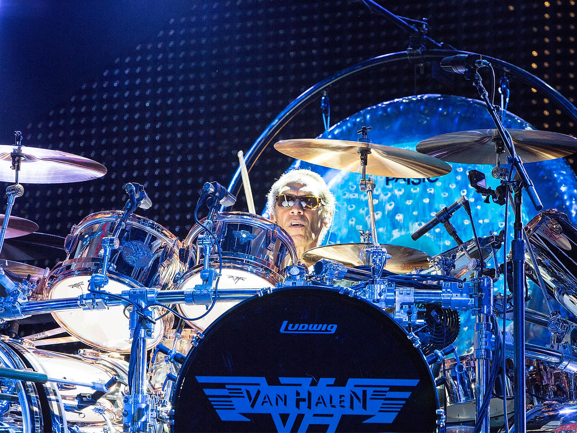 Alex Van Halen pictured behind his drum kit in 2015