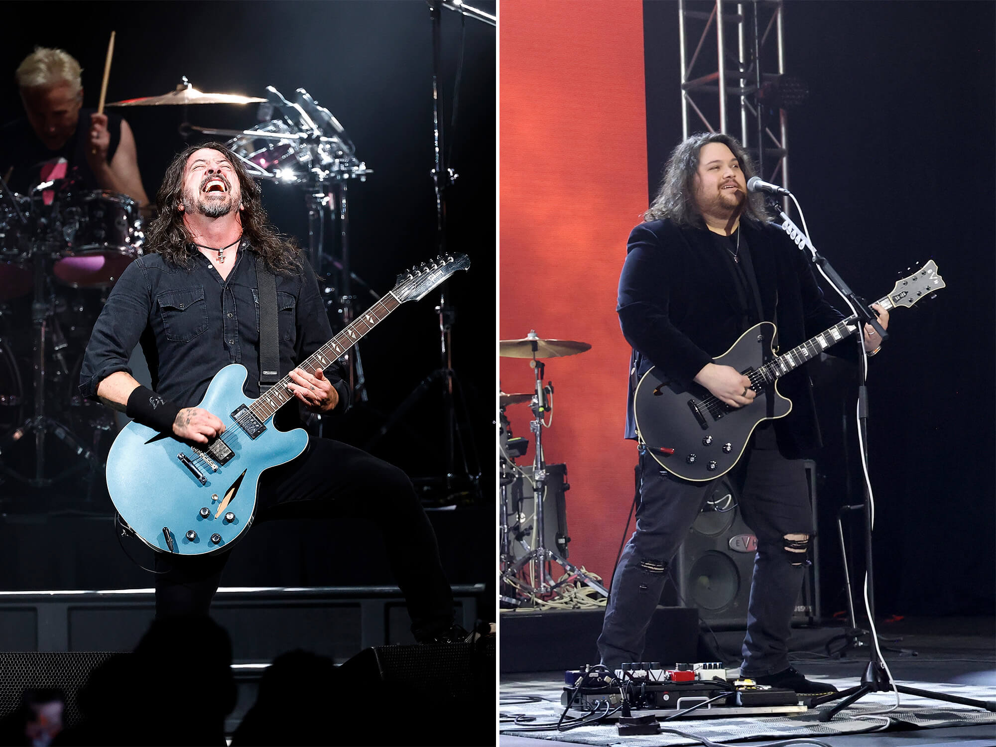 Dave Grohl (left) pictured laughing and playing guitar on stage. Wolfgang Van Halen (right) on stage, with guitar in hand, singing into a mic.
