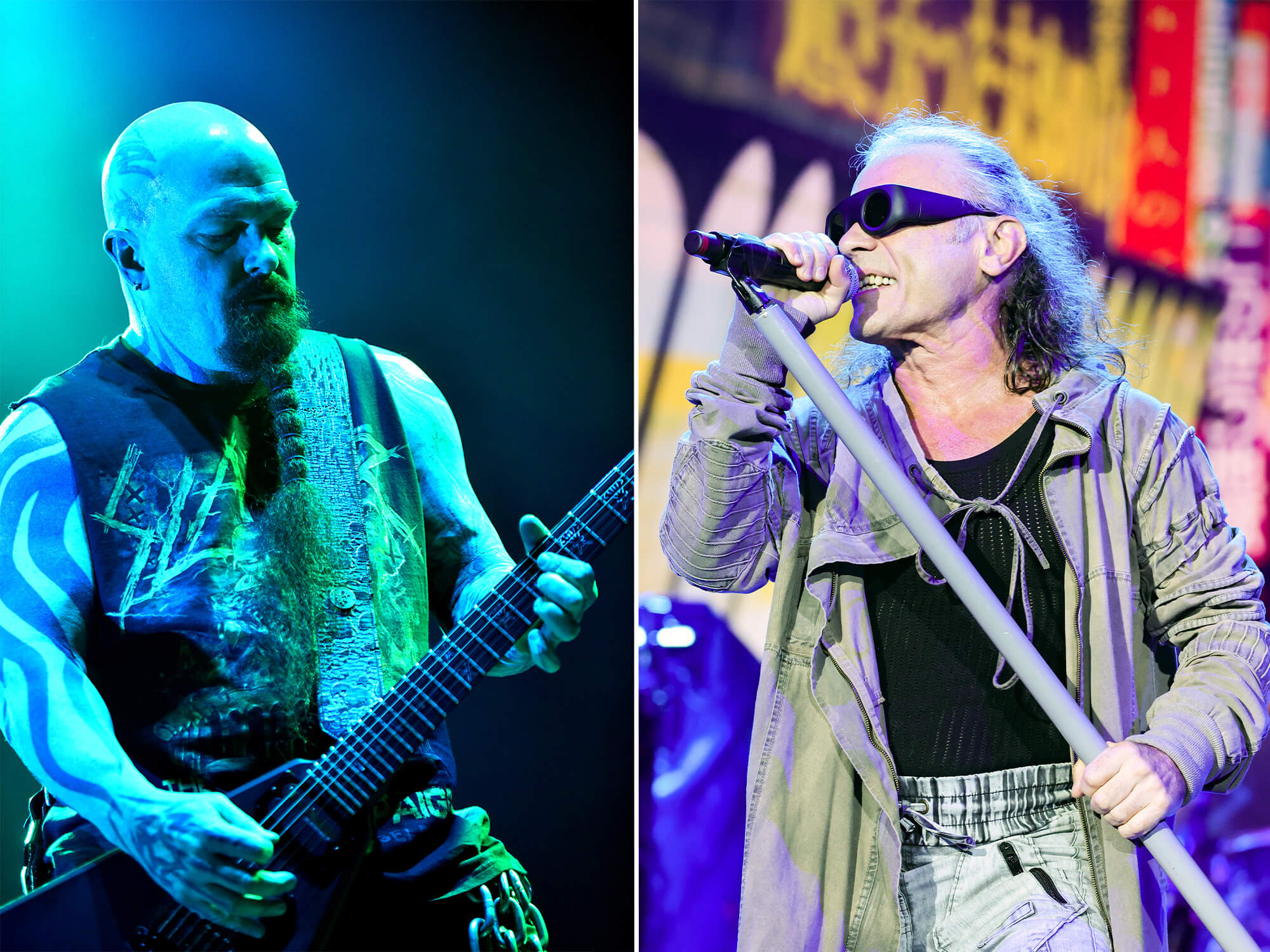 Kerry King (left) and Bruce Dickinson (right) both captured on stage.