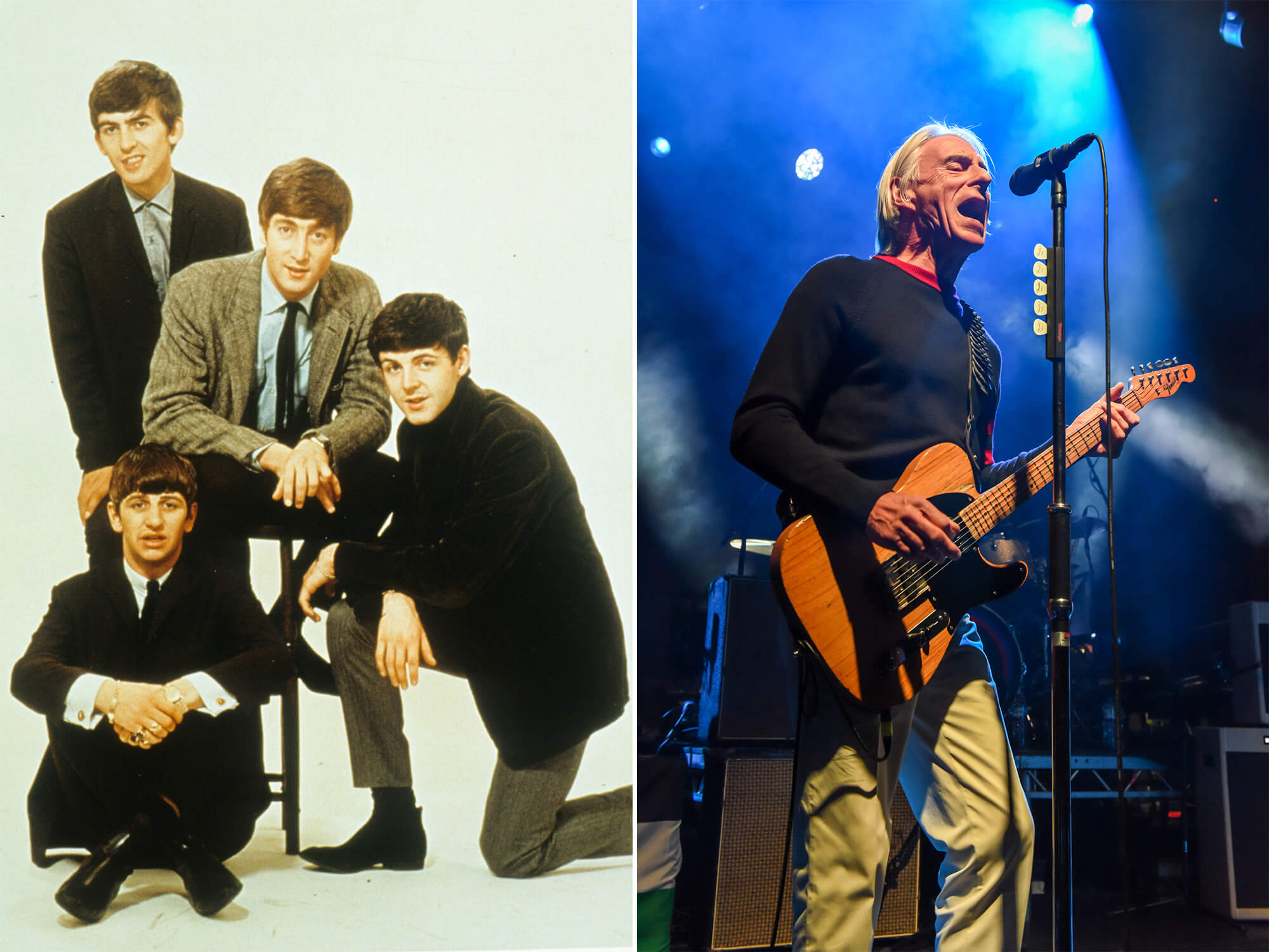 The Beatles pictured together (left) and Paul Weller captured on stage playing guitar (right)