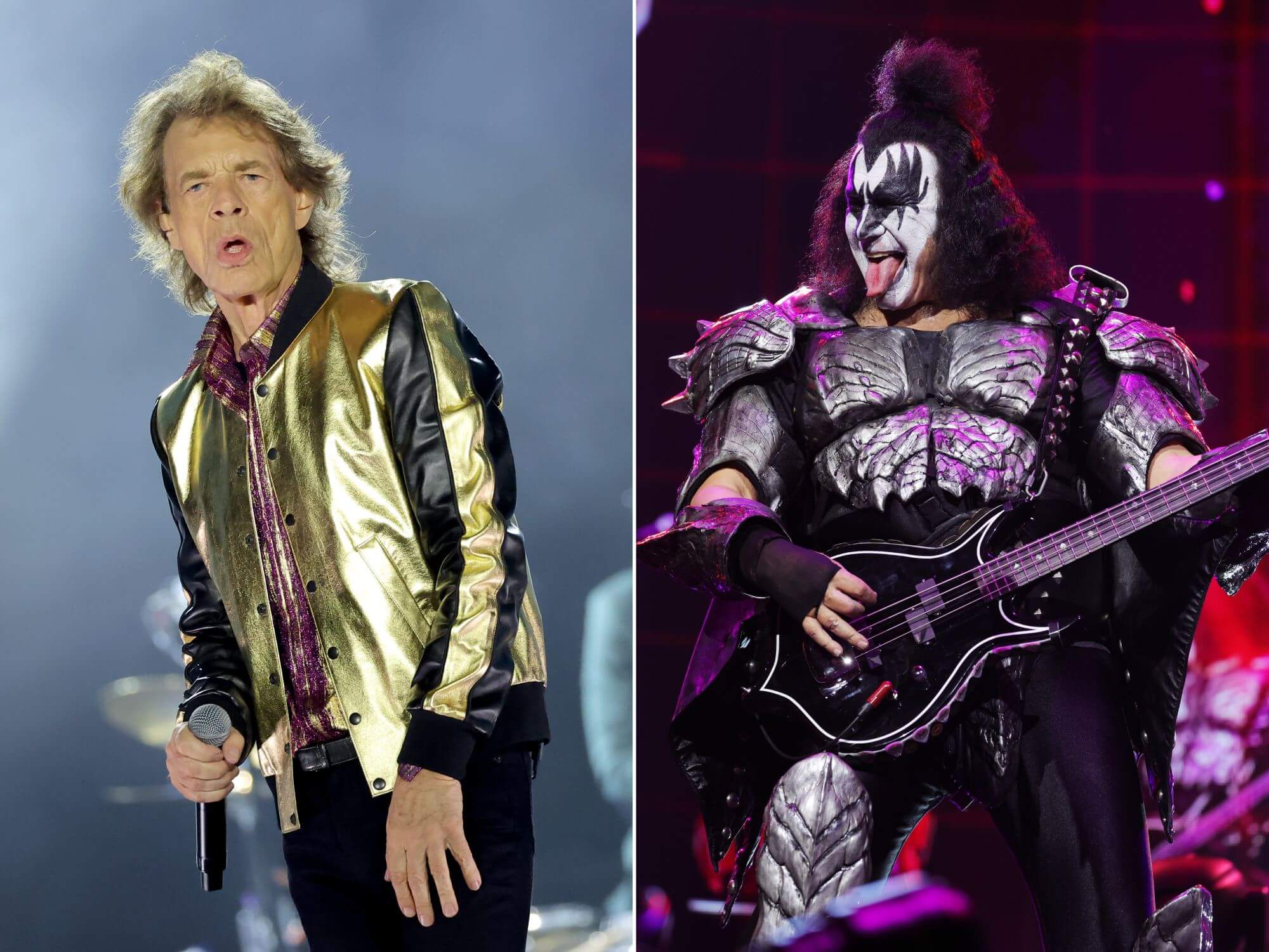 Mick Jagger of The Rolling Stones and Gene Simmons of KISS