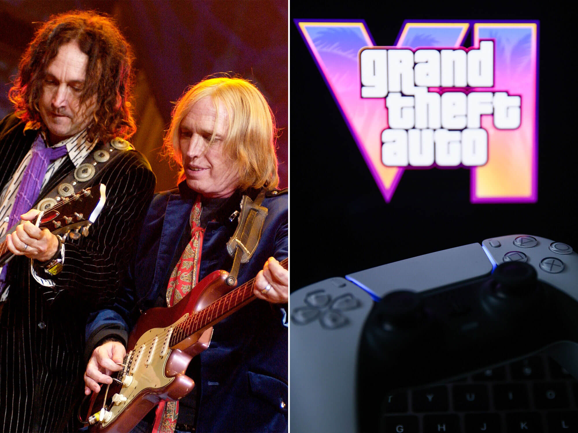 Mike Campbell and Tom Petty [L], and a PS5 controller with the GTA 6 logo in the background [R]