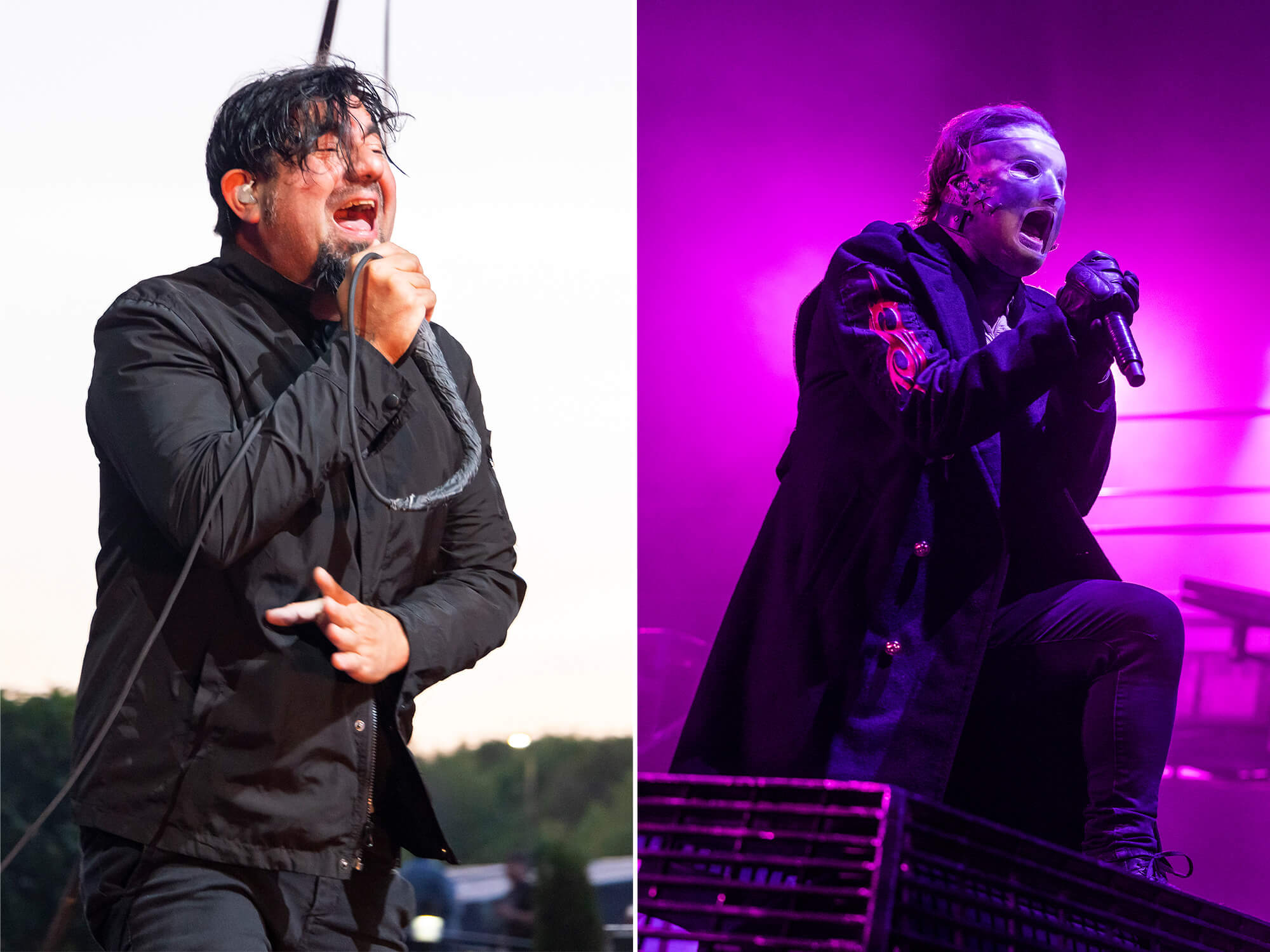 Chino Moreno (left) singing into a mic and Corey Taylor (right) pictured in his Slipknot mask