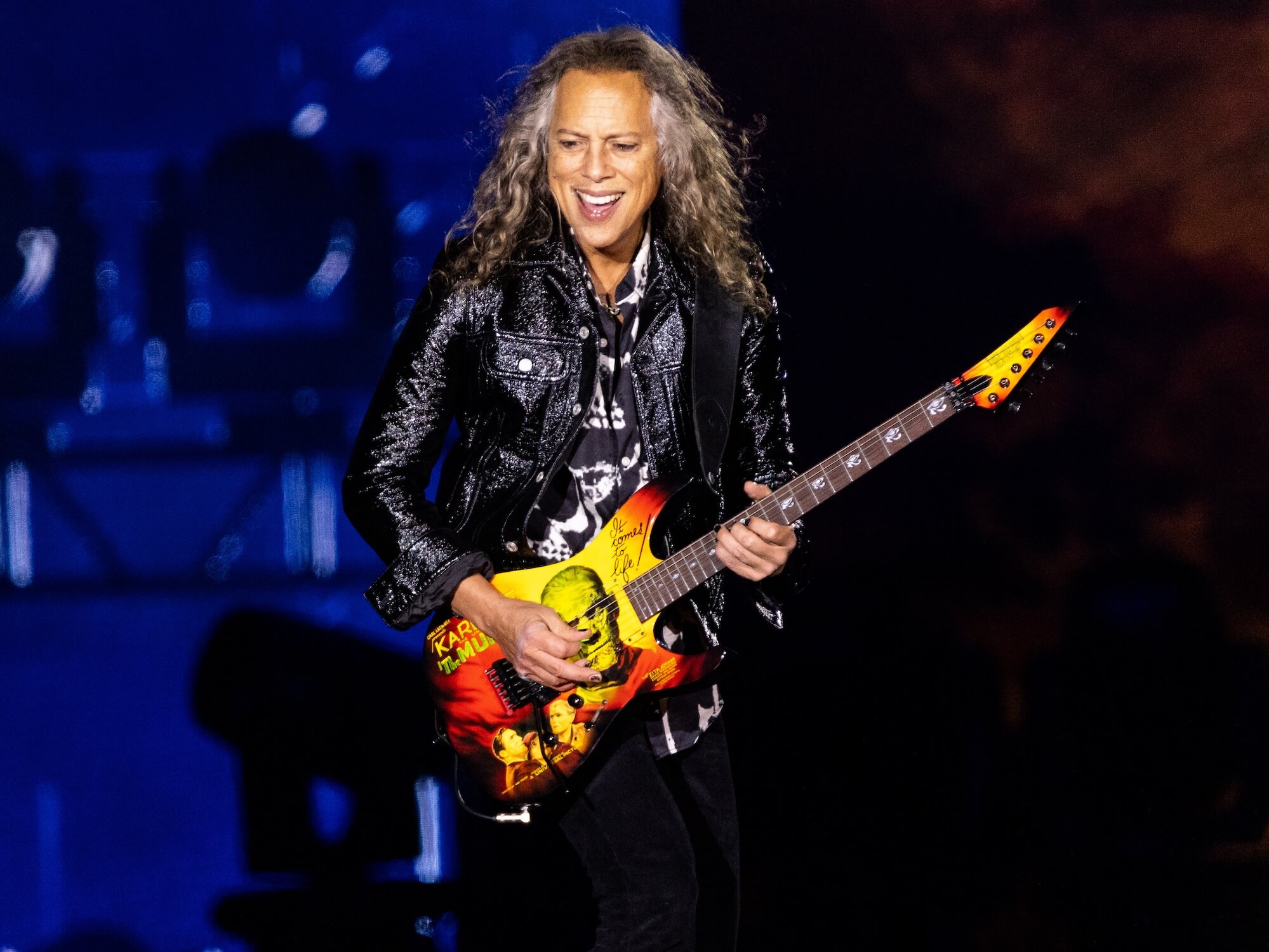 Kirk Hammett with his favourite ESP ‘Mummy’ guitar, photo by Mario Skraban/Redferns via Getty Images