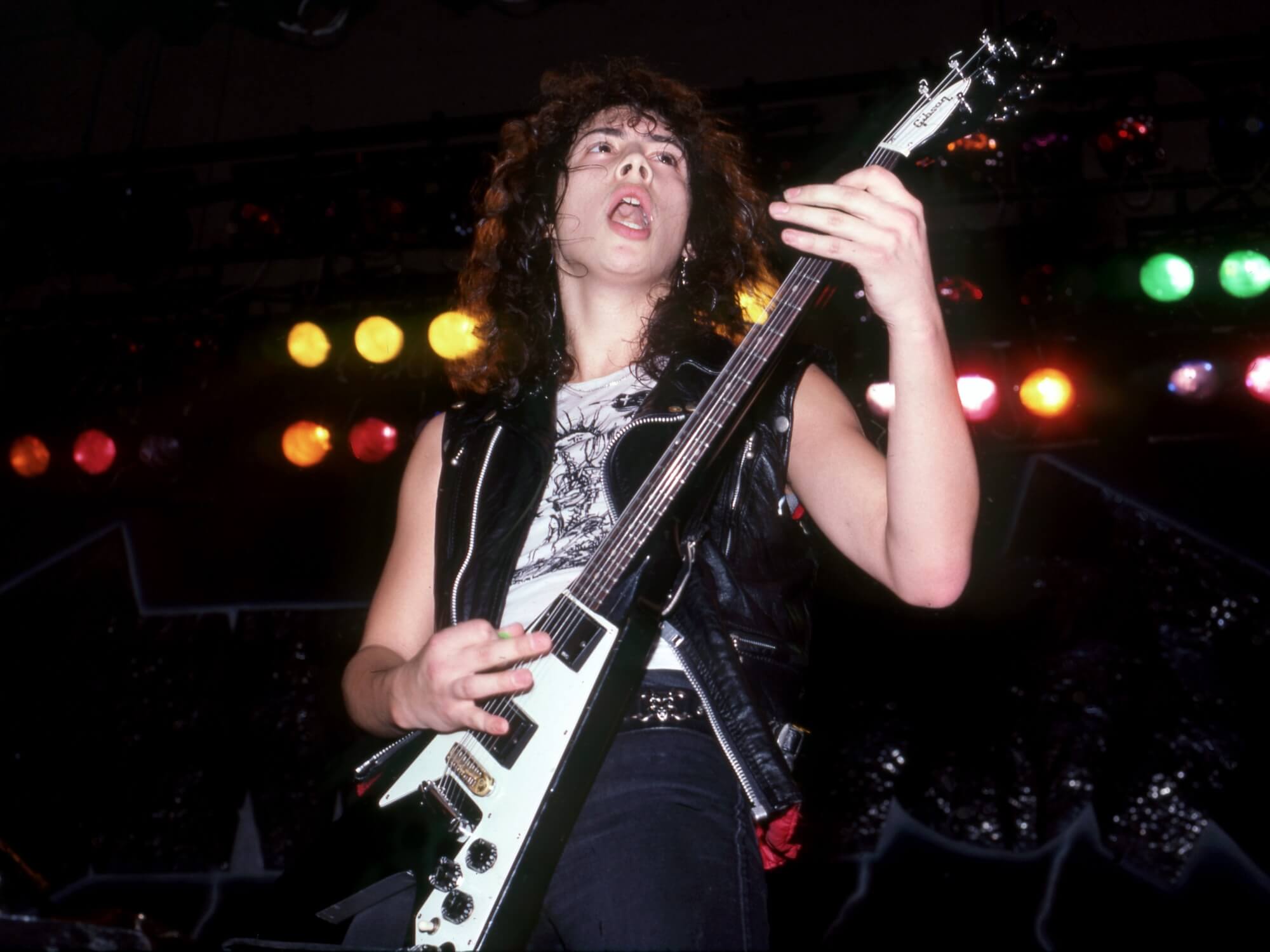 Kirk with the unmodified Flying V he’d use on the early Metallica albums, photo by Ross Marino/Icon and Image/Getty Images
