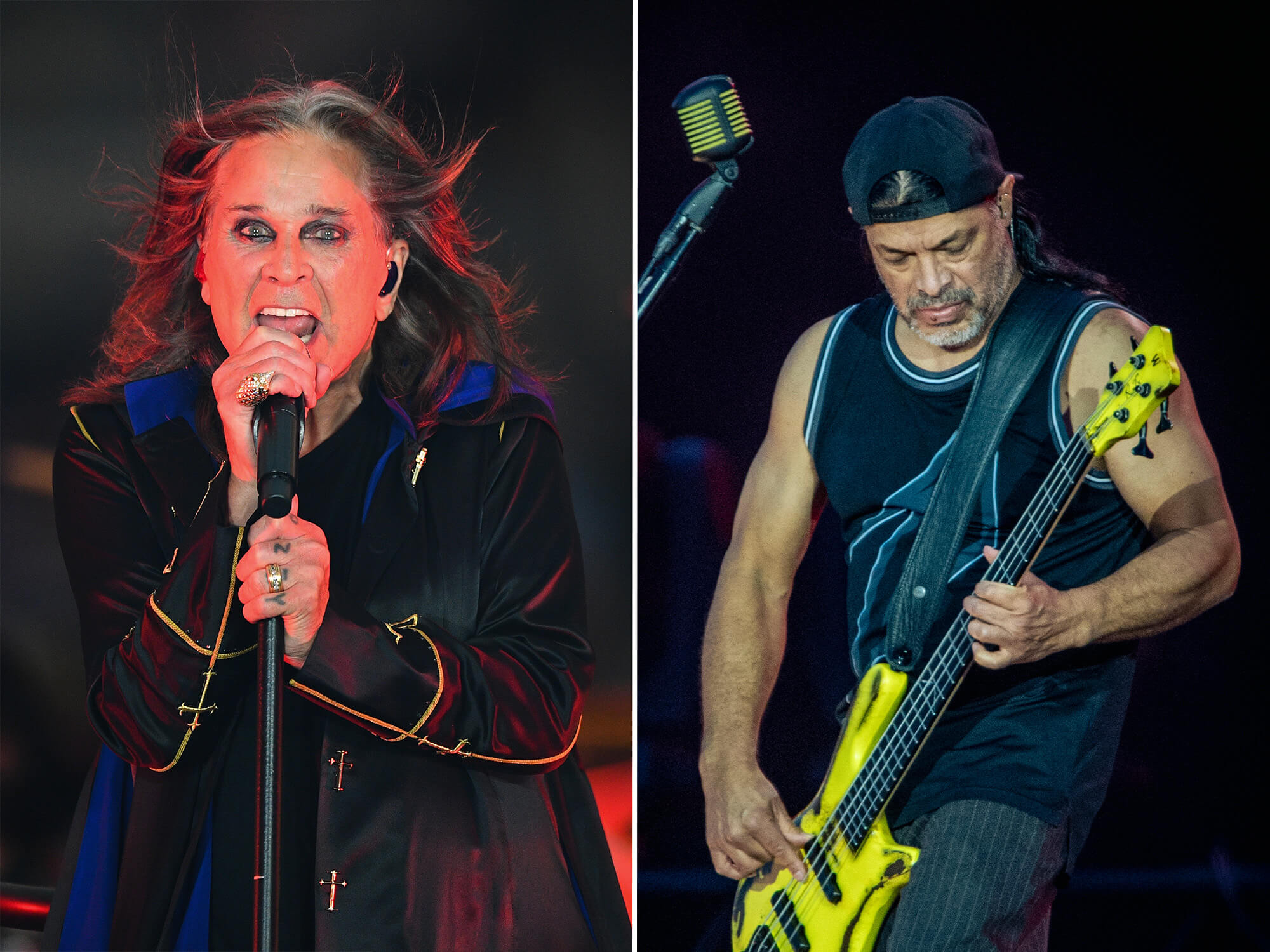Ozzy Osbourne (left) pictured wide-eyed and singing into a mic. Robert Trujillo (right) playing a bright yellow bass, matching Metallica's 72 Seasons album colour.